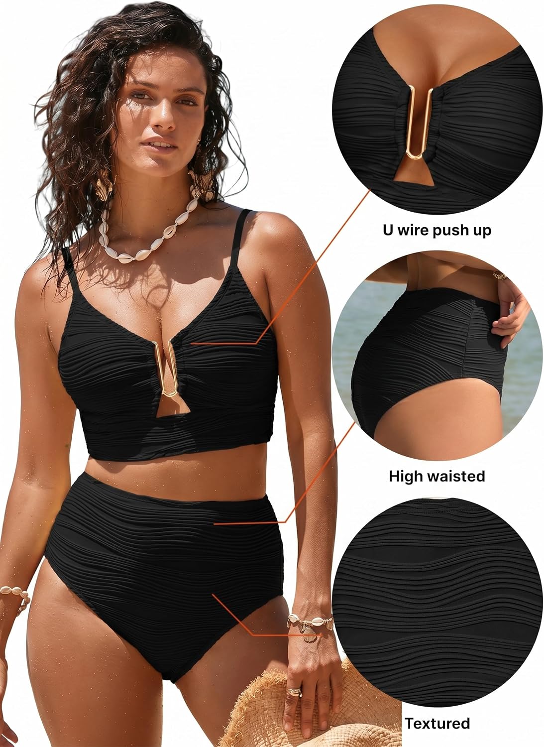 Detalle de Herseas U-wire push-up high-waist 2-piece bikini set with textured ruched fabric