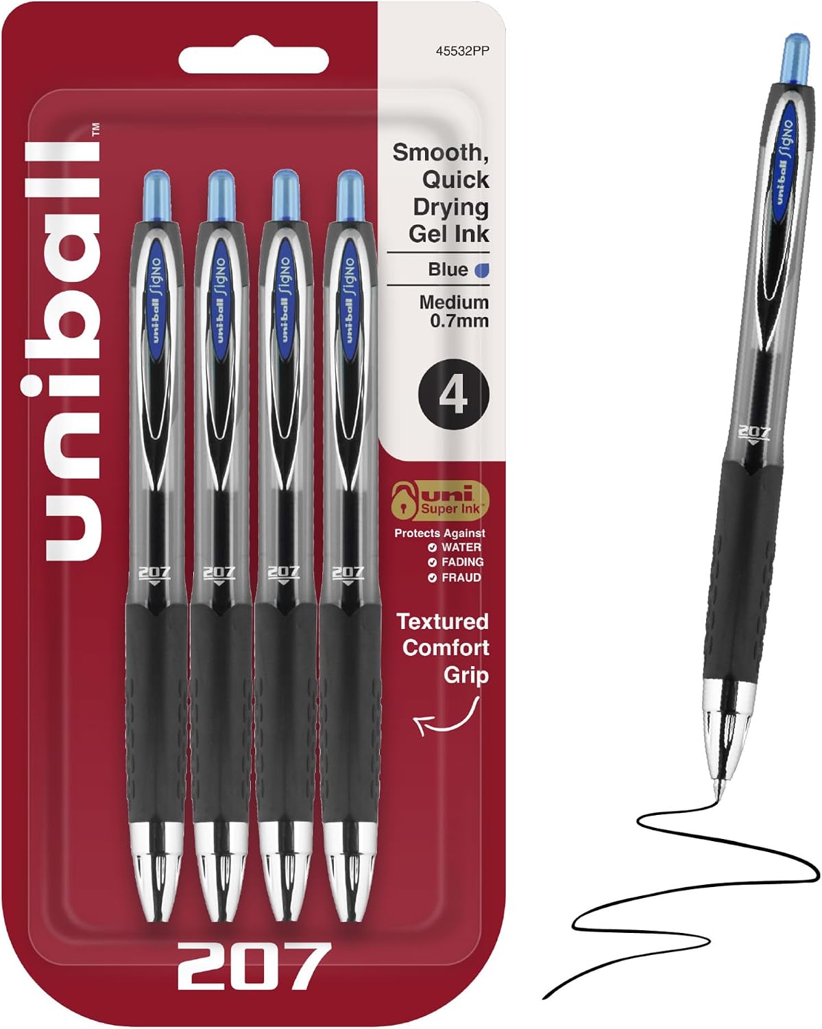 Detalle de Uni-Ball 207 (45532PP) Retractable Gel Pens, Blue Ink, 0.7 mm, 4-Pack
