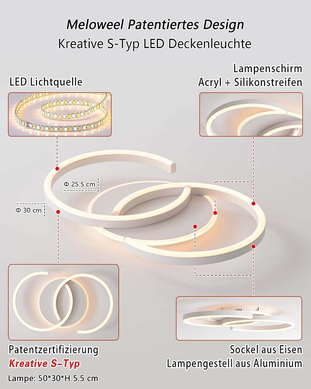 Detalle 2 de Meloweel LED-Deckenleuchte fürs Schlafzimmer (S-Form, 3000 K warmweiß) 32 W, 50 cm, 2 Ringe, nicht dimmbar
