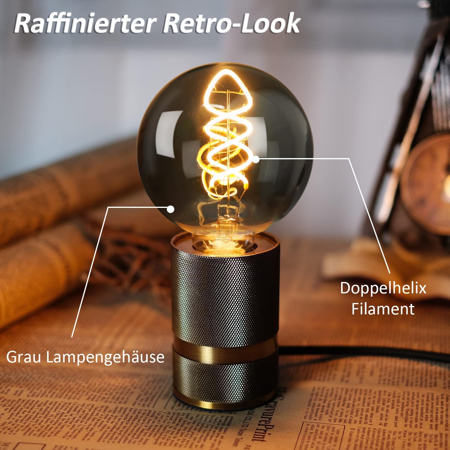Detalle de Edison Vintage LED E27 Glühbirne 4W – Dimmbare Filamentlampe im Rauchglas, warmweiß, 6er Pack