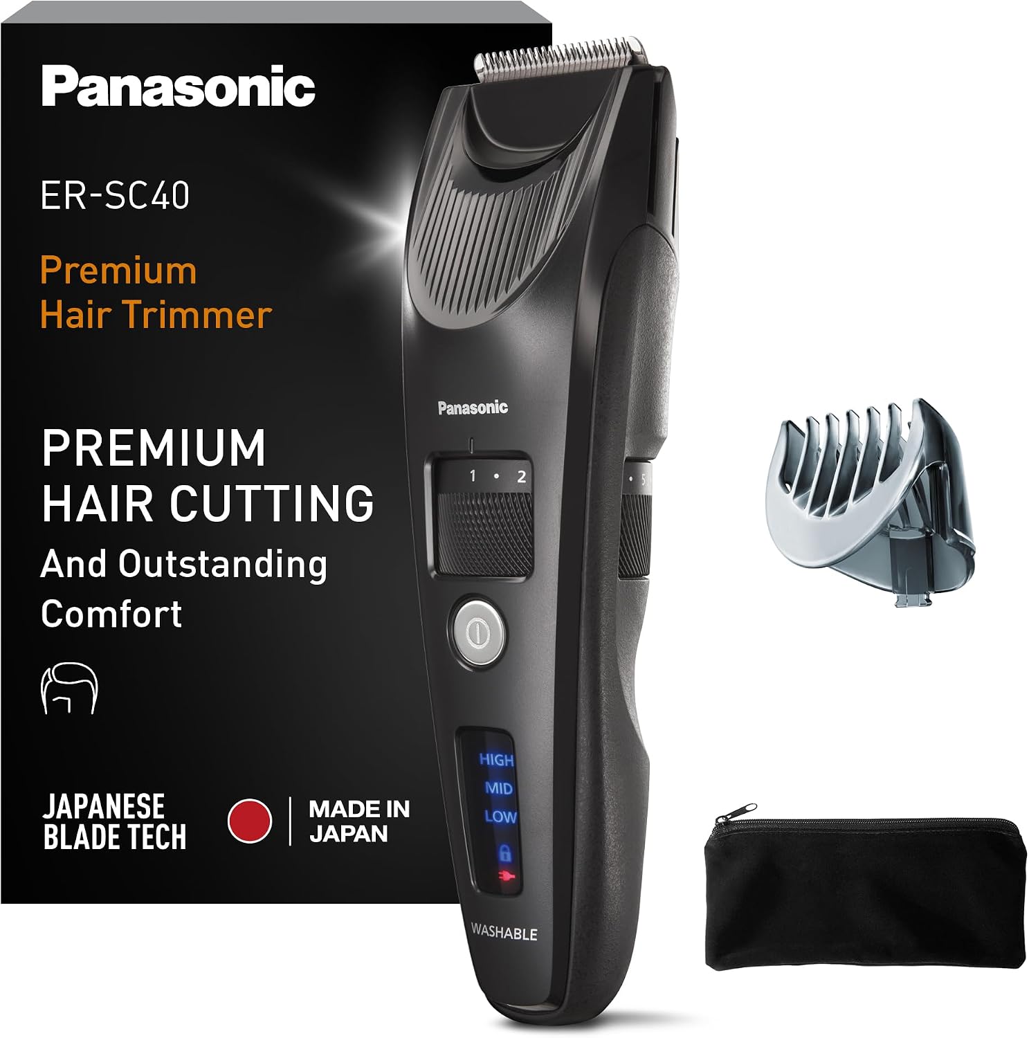 Detalle de Panasonic ER-SC40-K803 Tagliacapelli uomo cordless e con filo impermeabile IPX7, 20 lunghezze 0,5–10 mm