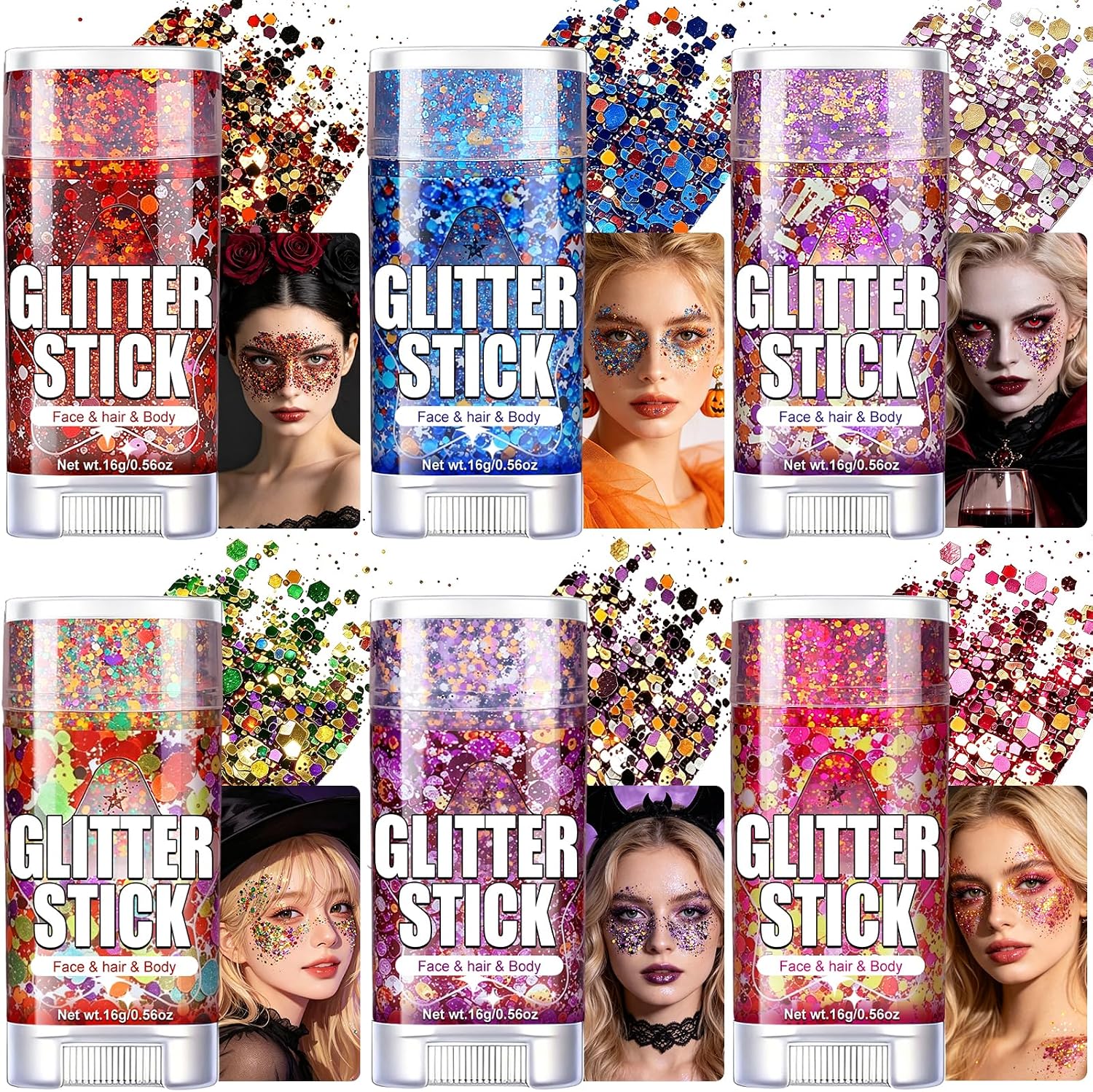 Detalle de AROIC Glitter Stick 6p-Halloween, 6-Color Face & Hair Glitter Set