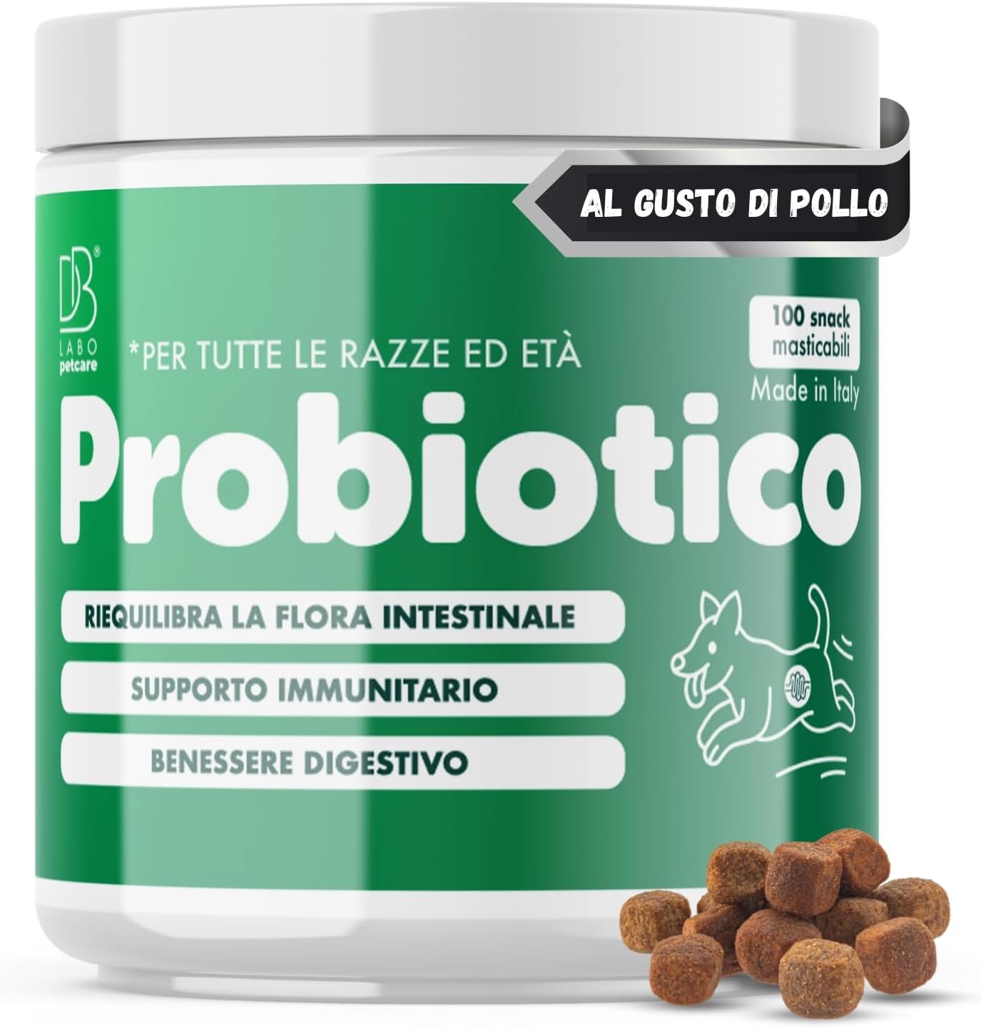 Detalle de DB Labo Probiotici per Cani 100 Snack: 4-in-1 per Digestione, Immunità e pelle