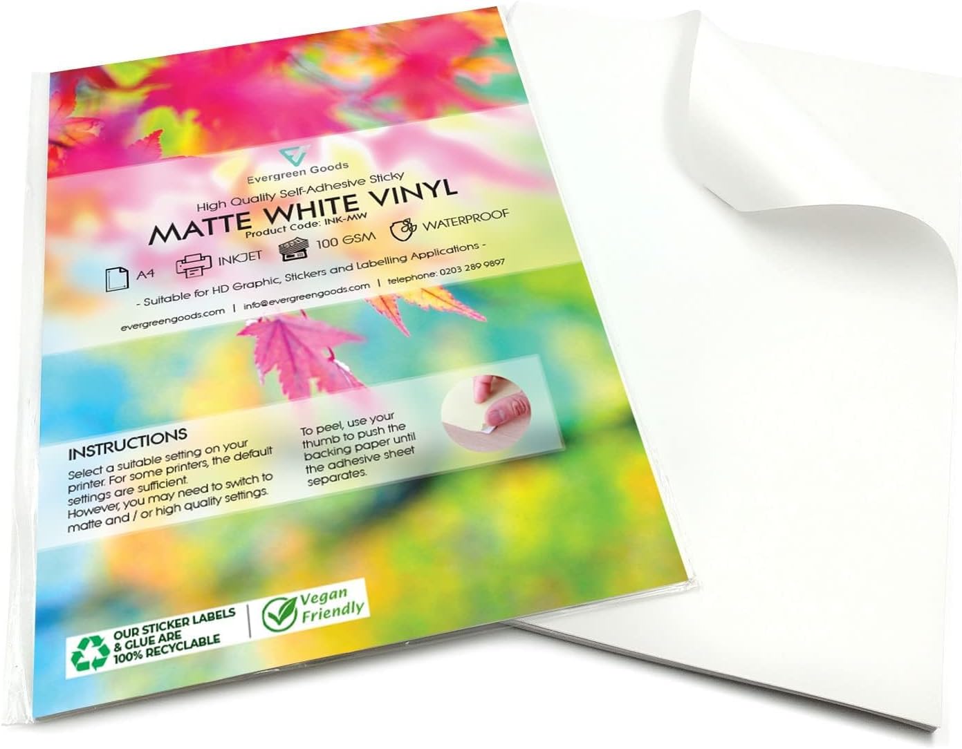 Evergreen Goods Matte White Vinyl Sticker Label – 100 A4 Sheets