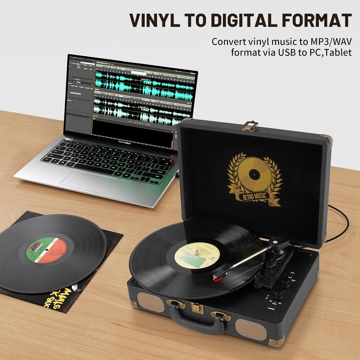 Thumbnail 3 de Lecteur de disques vinyles Bluetooth Mersoco – 3 vitesses, haut-parleurs intégrés, sortie RCA et casque