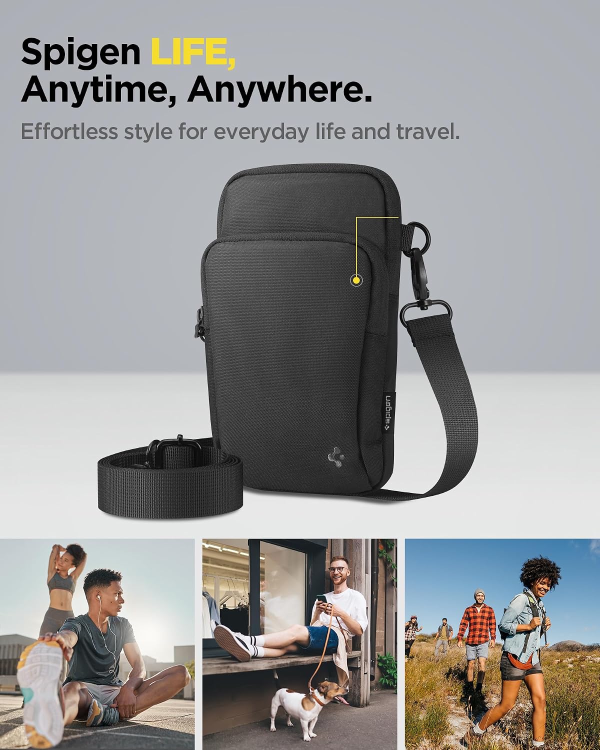 Detalle de Spigen KD400 borsello uomo a tracolla staccabile con moschettone e porta cellulare fino a 6,9" – Nero