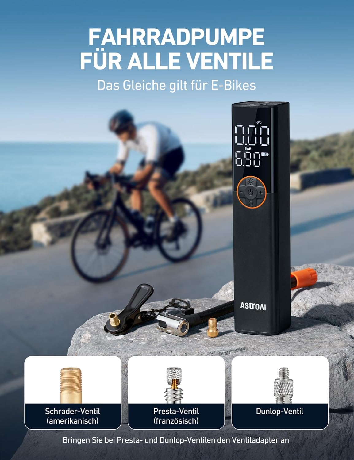 Detalle 2 de AstroAI Fahrradpumpe Elektrische Luftpumpe 150 PSI