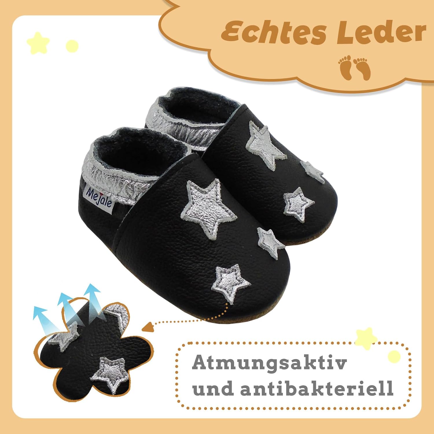 Thumbnail 1 de Mejale chaussons enfant bébé en cuir doux à enfiler, semelle daim antidérapante – étoiles