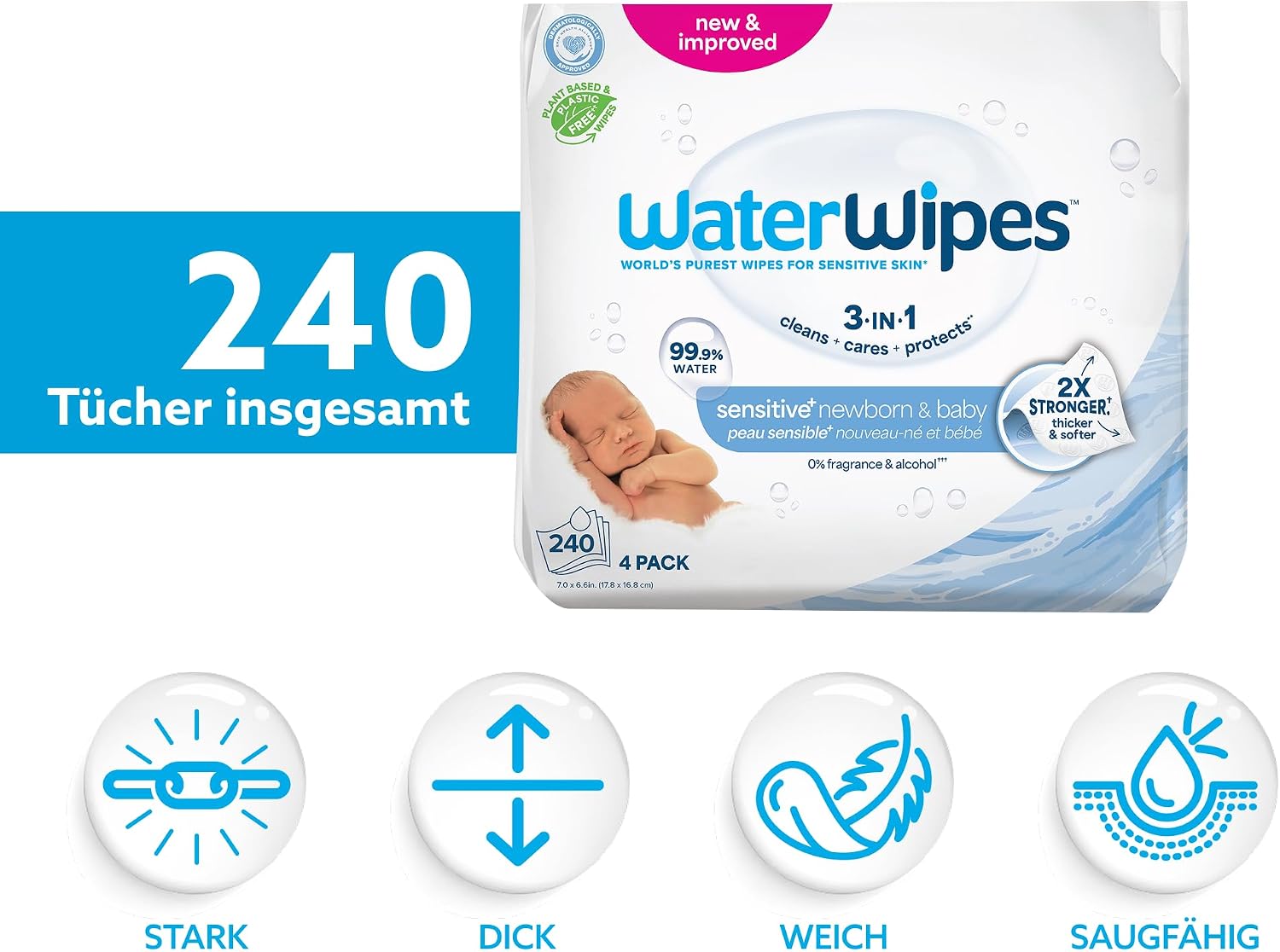 Detalle 2 de WaterWipes Sensitive+ 240 Stück Feuchttücher 🧻