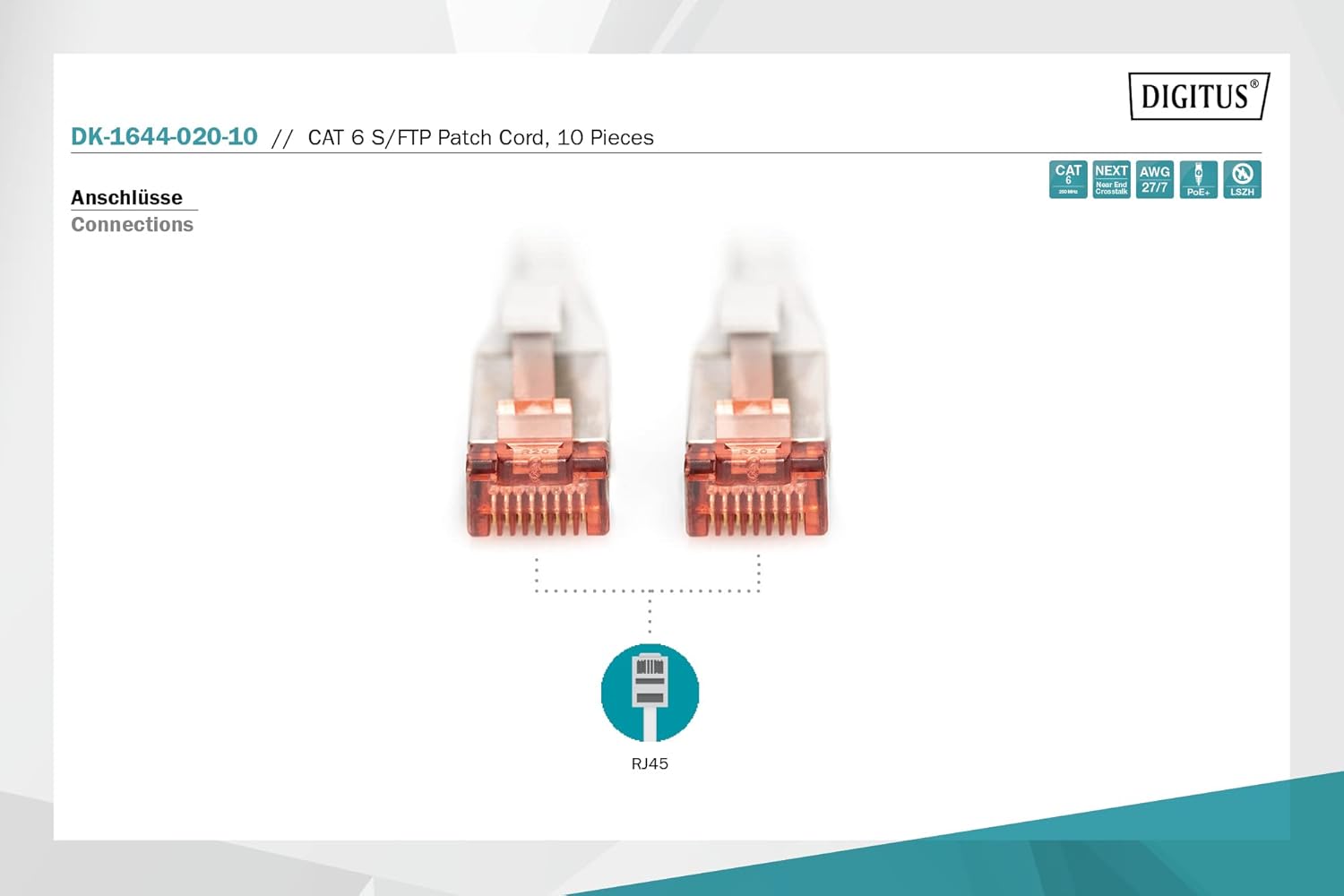 Thumbnail 2 de DIGITUS LAN-Kabel Cat 6, 2 m (10er-Pack) – 1 Gbit/s, RJ45, S/FTP geschirmt, grau