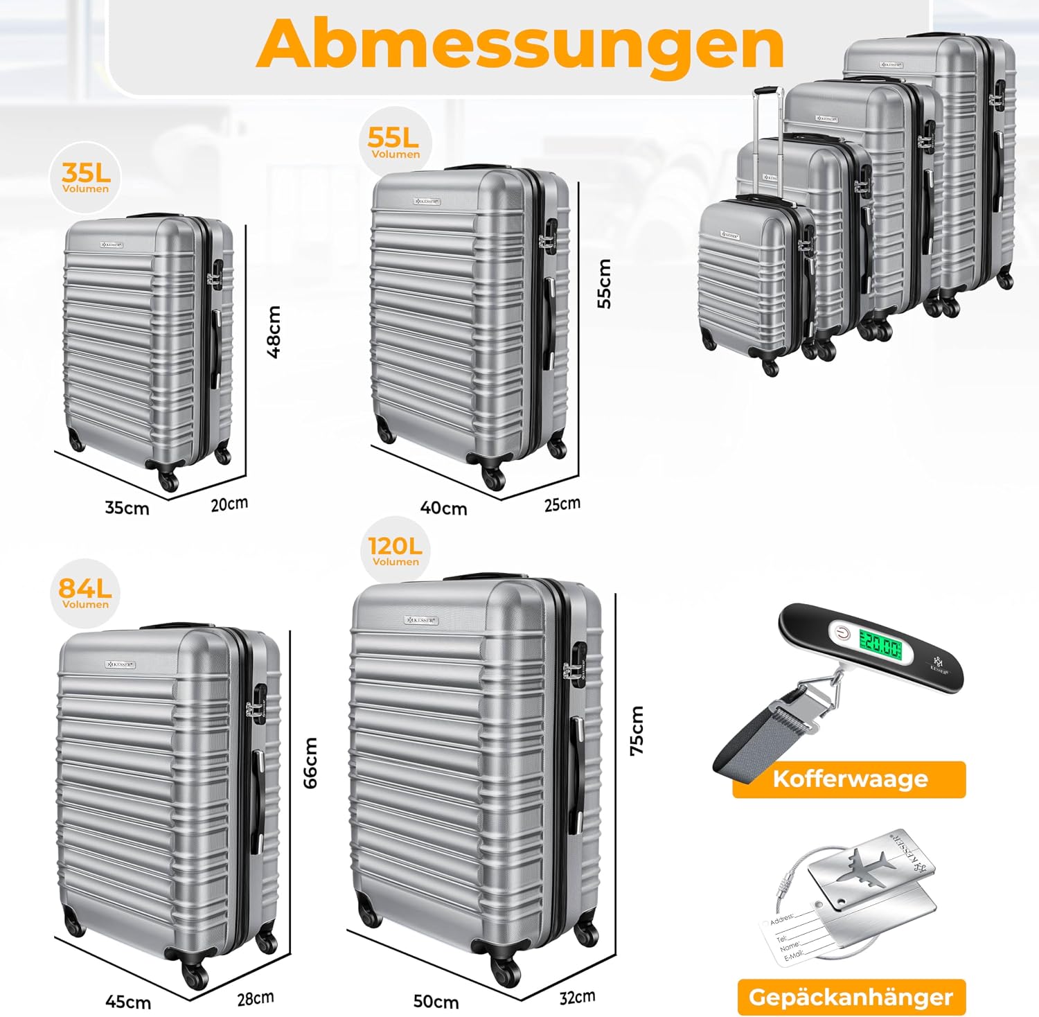 Thumbnail 1 de KESSER 4-teiliges Hartschalenkofferset (S-XL) mit 360°-Rollen, Teleskopgriff, Kofferwaage & Gepäckanhänger