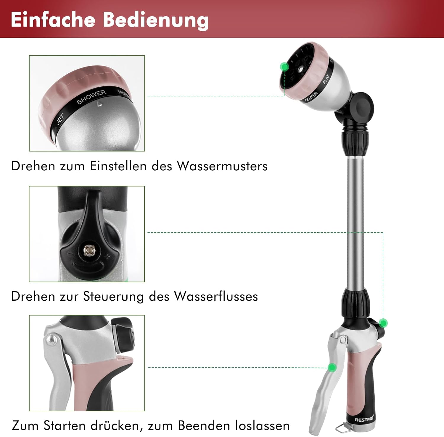 Thumbnail 2 de RESTMO Garten-Gießstab aus Metall (42 cm) mit schwenkbarem Kopf und 7 Sprühbildern