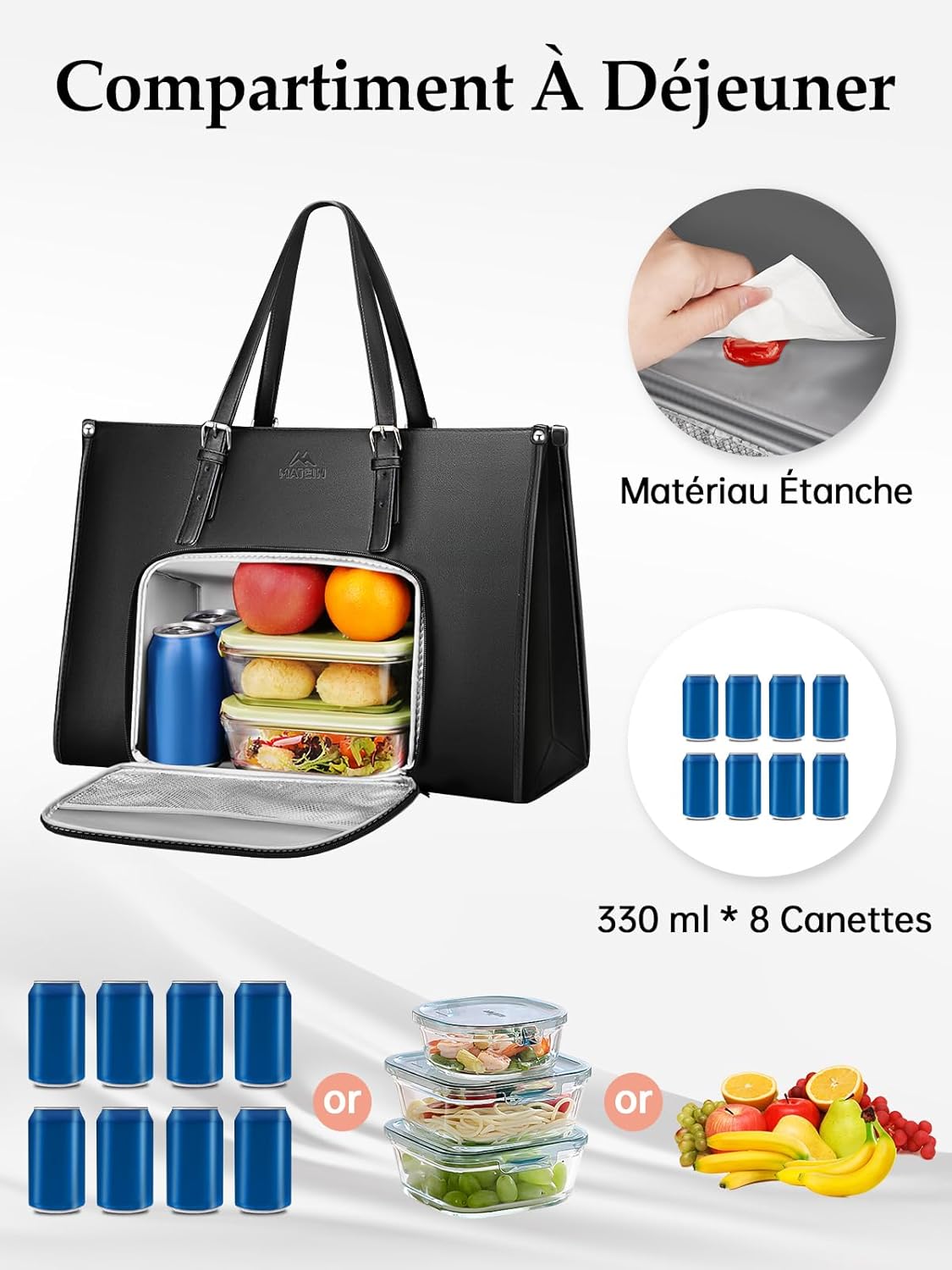 Thumbnail 6 de MATEIN Sac Cabas Femme Grand Format – Sac à Main 15,6" avec Compartiment Isotherme (Noir)