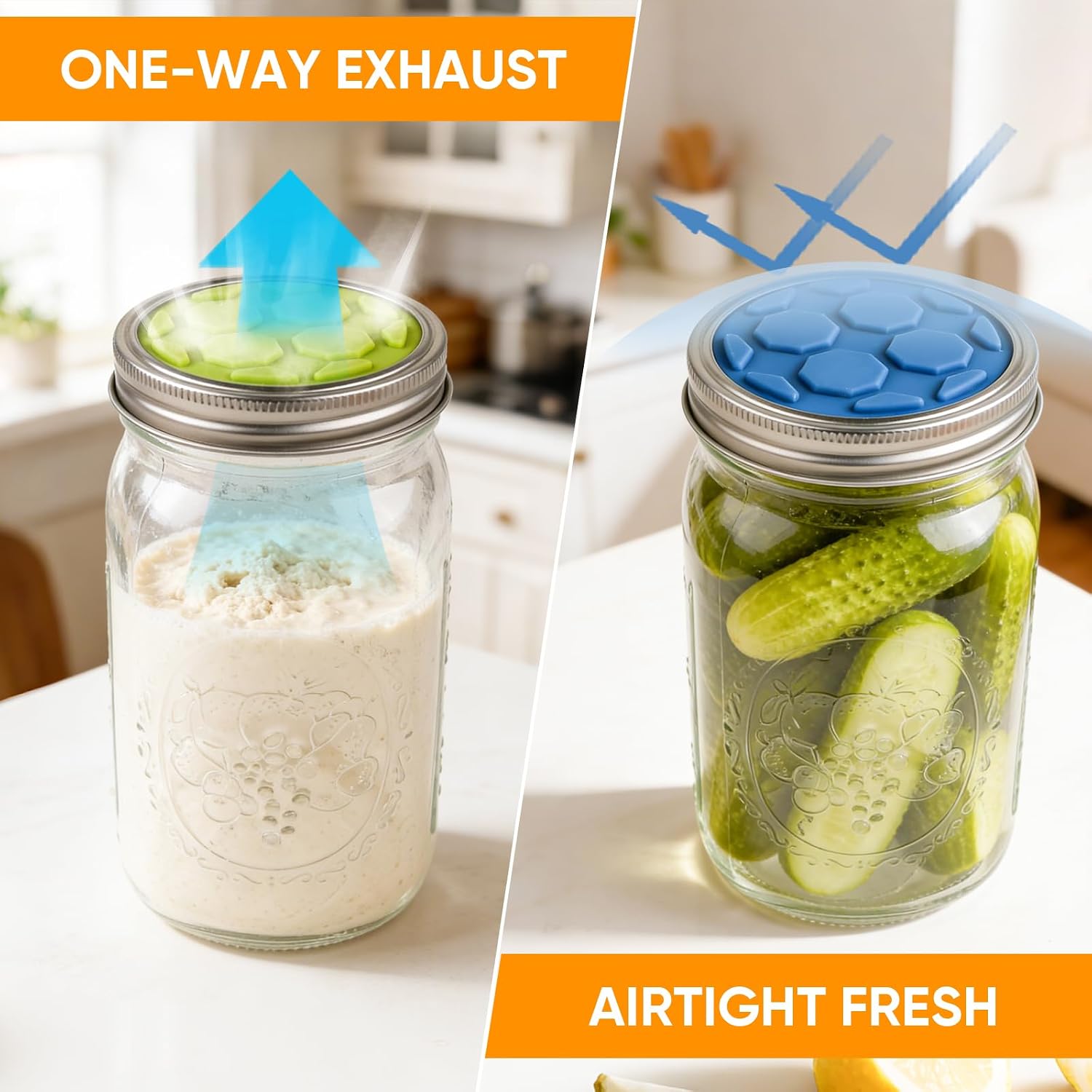 Detalle de OAKDOLCHE Model 4 Silicone Fermentation Lids for Wide-Mouth Mason Jars, 4-Pack