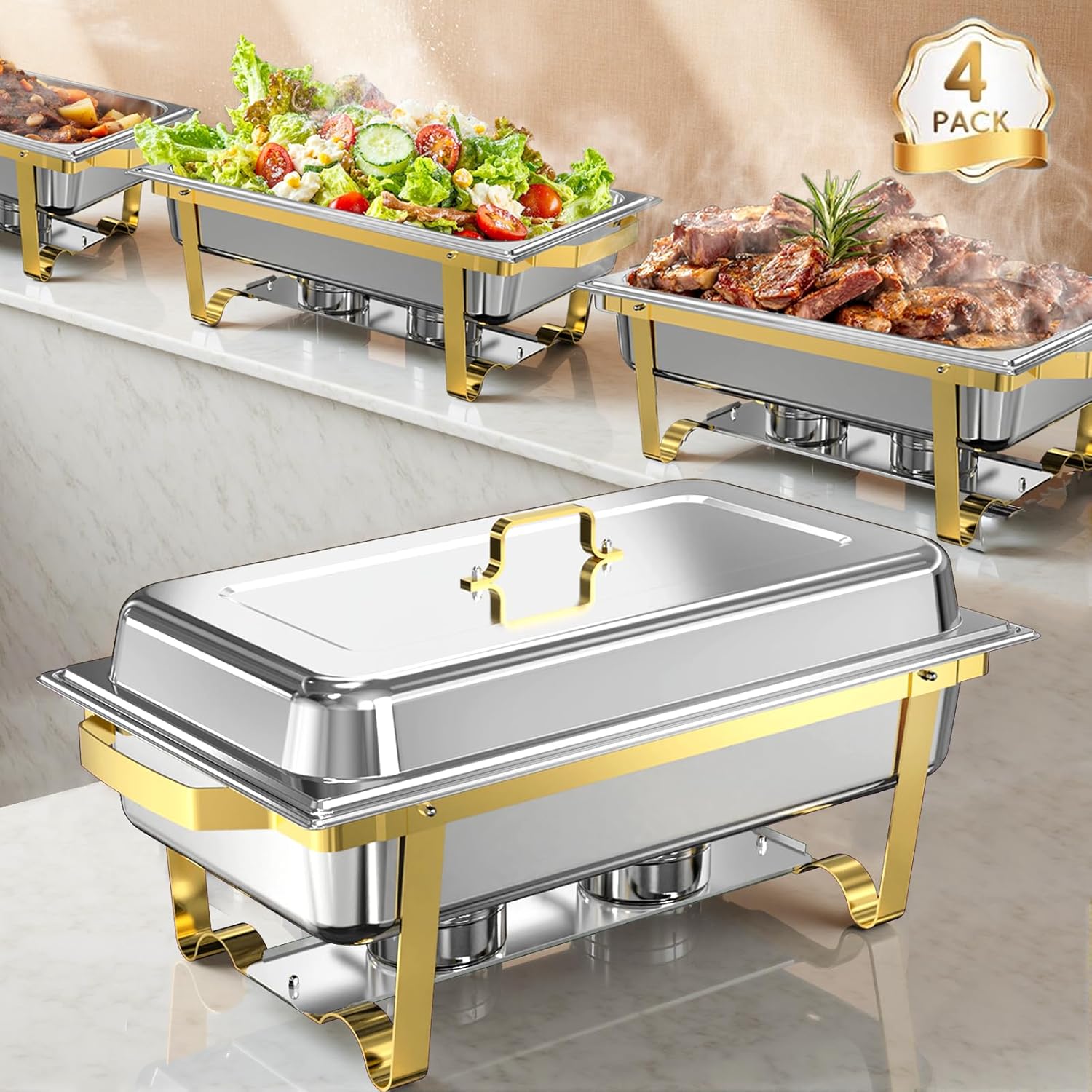 Chafing Dishes for Buffet 4 Pack, 11QT Square Stainless Steel Food Warmers with Gold & Silver Accents