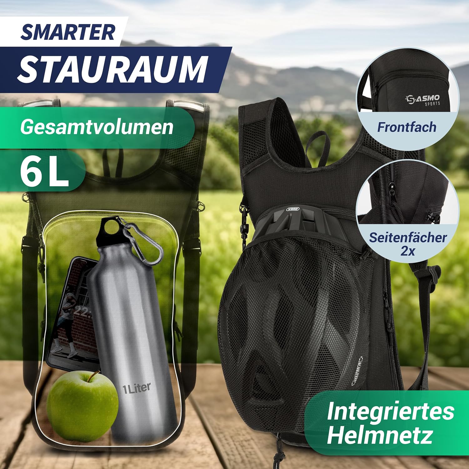 Thumbnail 3 de SASMO Fahrradrucksack klein 6L (Schwarz) mit Thermofach & Helmnetz – ultraleicht, wasserdicht mit Regenschutz