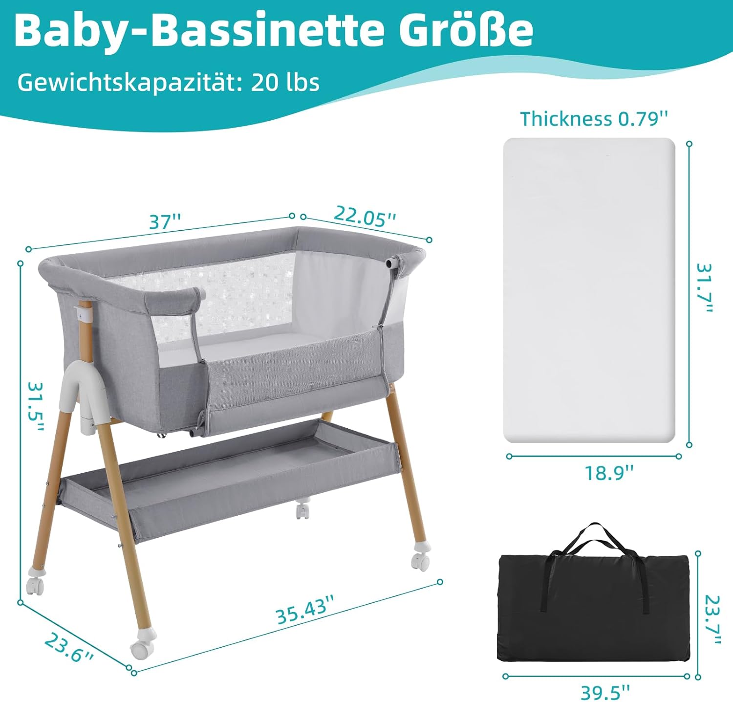 Thumbnail 5 de cozydwells 3‑in‑1 Beistellbettchen (Tragbares Reisebett) grau – höhen- und neigungsverstellbar mit 4 abschließbaren Rollen