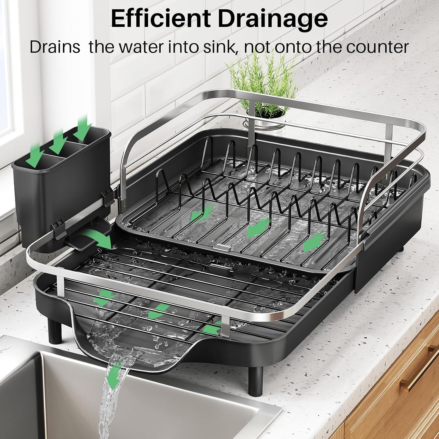 Detalle de SNTD Expandable Dish Drying Rack, Black, 15.2–22.1 in, Stainless Steel Rails