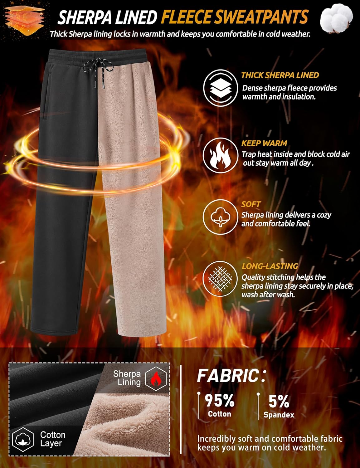 Detalle 2 de TACVASEN Men's Sherpa-Lined Sweatpants with Drawstring, Open Bottom