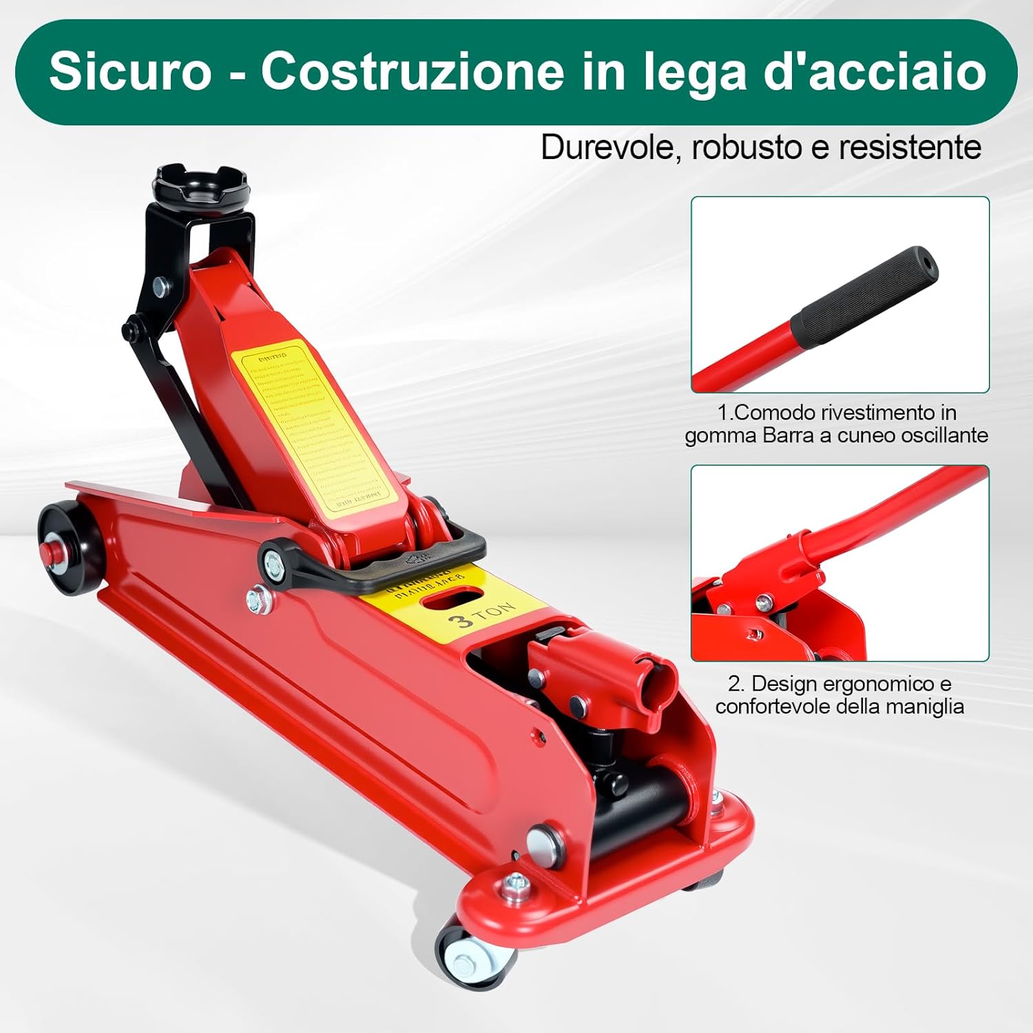 Thumbnail 6 de HYCHIKA Cric a Carrello 3T idraulico per auto, gamma di sollevamento 135–370 mm e ruote 360°