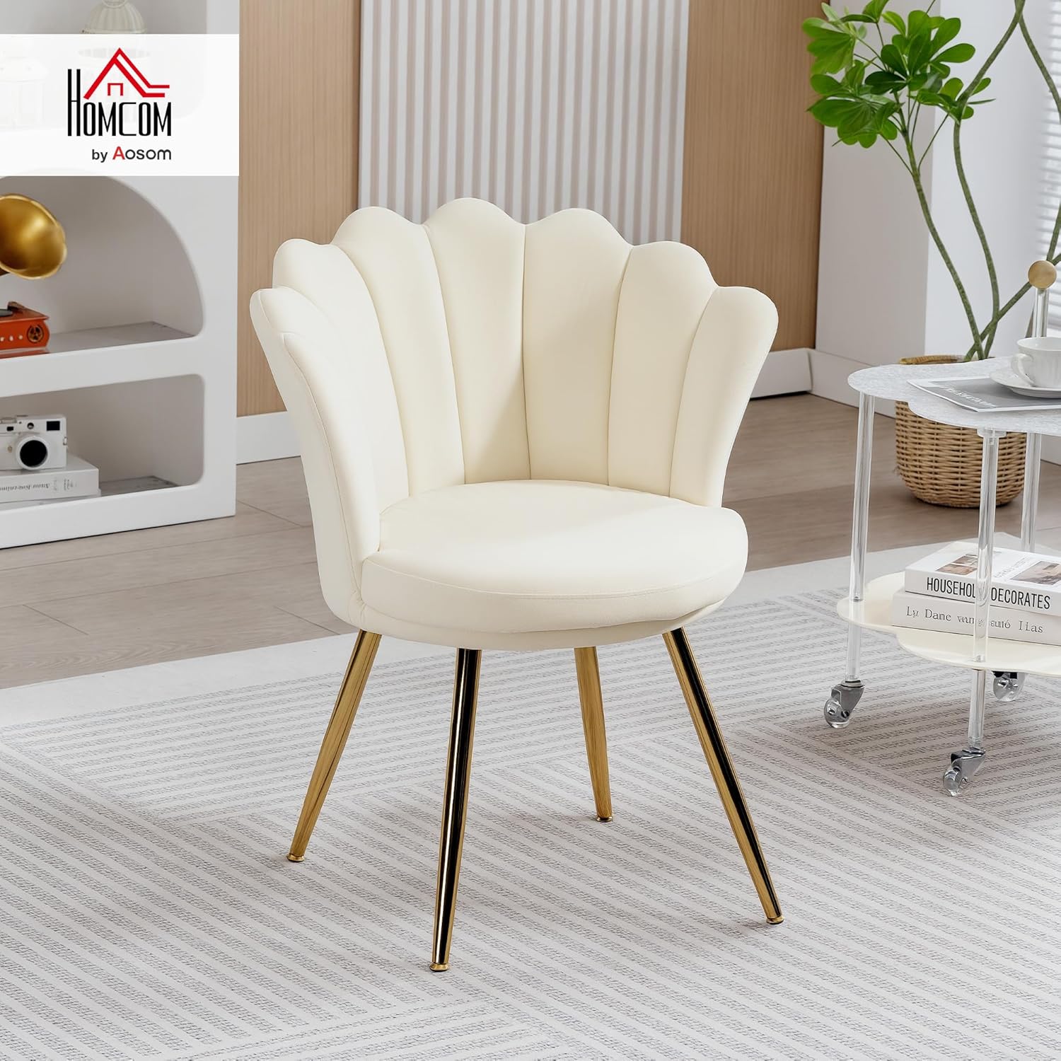 Thumbnail 1 de HOMCOM fauteuil coquillage en velours beige avec pieds en métal doré