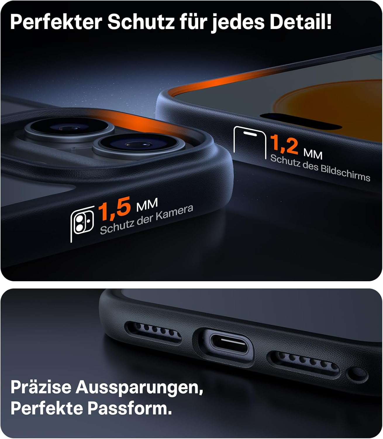 Detalle 2 de TORRAS Guardian Schutzhülle für iPhone 17 mit Kameratastenschutz – stoßfest, 9H+ kratzfest, transluzente Rückseite (matt schwarz)