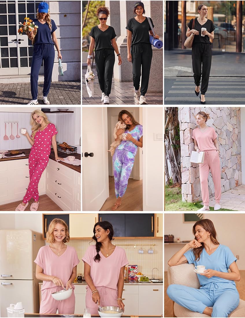 Thumbnail 4 de Ekouaer Women's 2-Piece Pajama Set with V-Neck Top and Jogger Pants