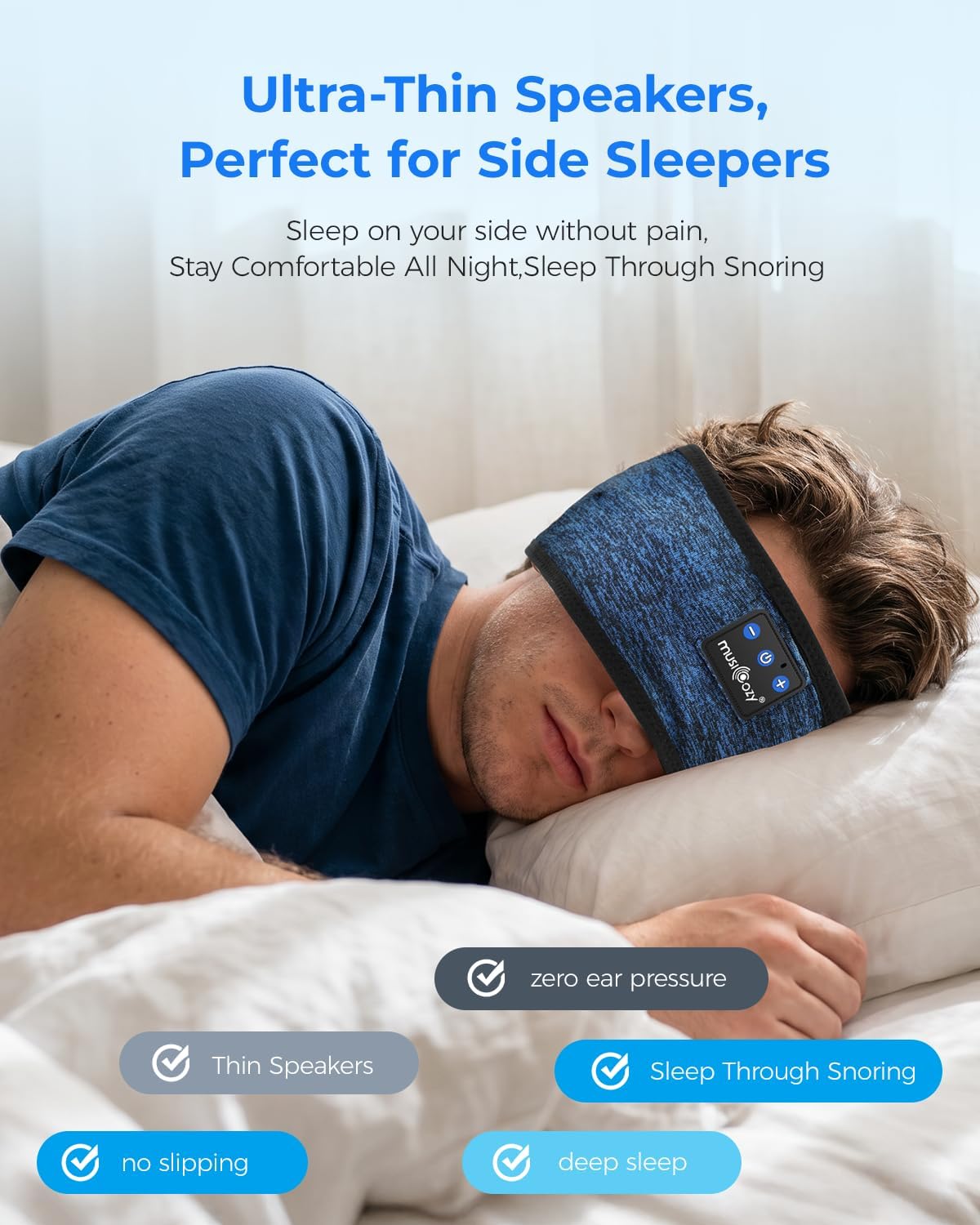 Detalle de MUSICOZY Sleep Headphones Bluetooth Headband for Side Sleepers — Ultra-Soft, Pressure-Free Comfort