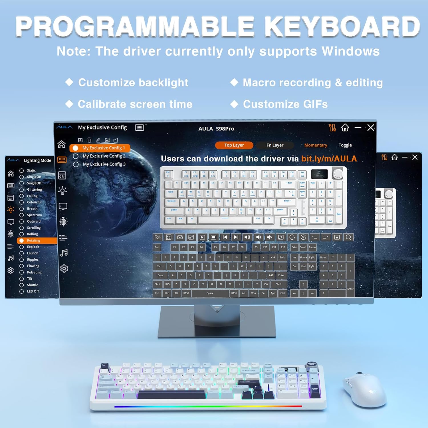 Detalle 2 de AULA S98 Pro Wireless Mechanical Keyboard with LCD, Knob, Hot-Swap and RGB