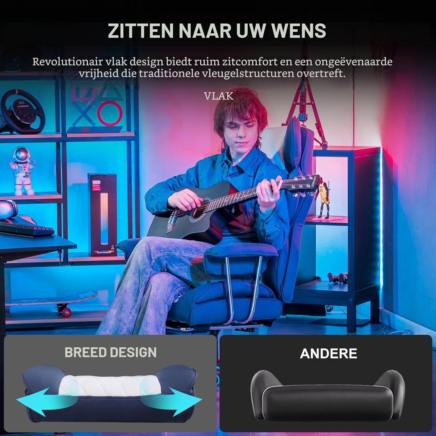 Detalle de GTPLAYER GT205 gamingstoel met brede zitting, lendensteun en voetensteun