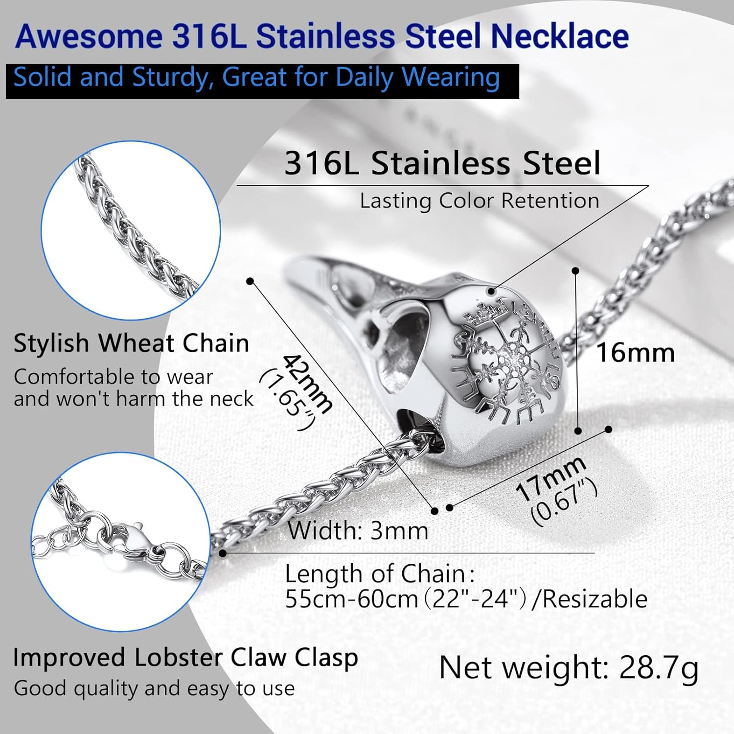 Thumbnail 5 de PROSTEEL Collier homme corbeau Viking en acier inoxydable 316L, plaqué or/noir