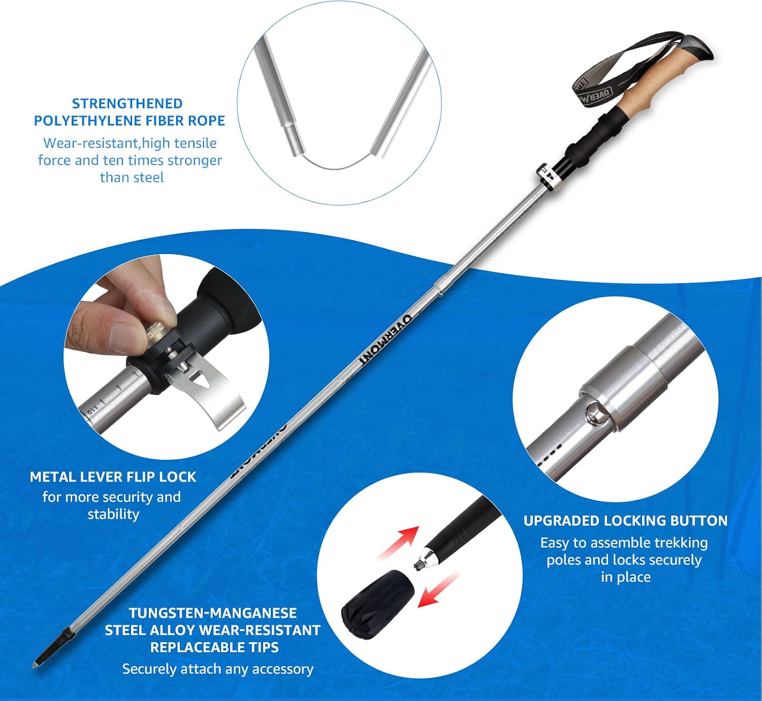 Detalle de Overmont 7075 Aluminum Trekking Poles, Foldable with EVA Grips and Trail Tips
