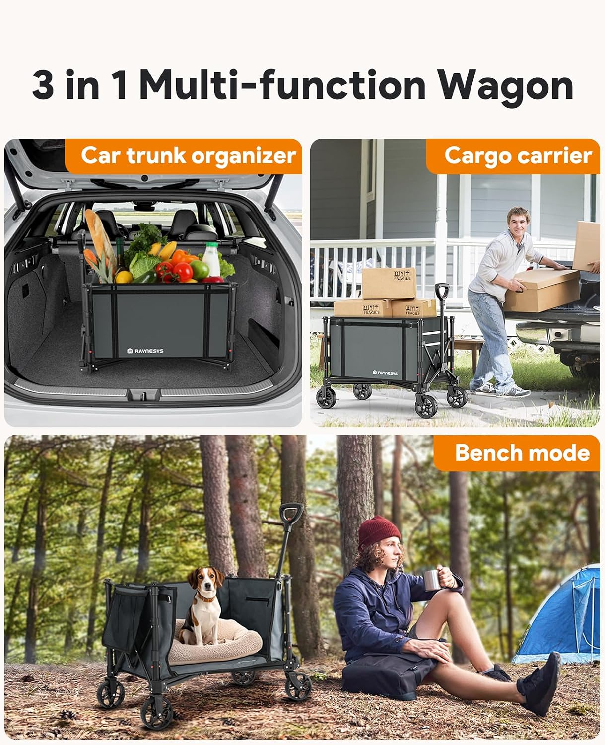 Detalle 2 de Raynesys Wagon Cart Collapsible Wagon with 180L Capacity and Adjustable Handle