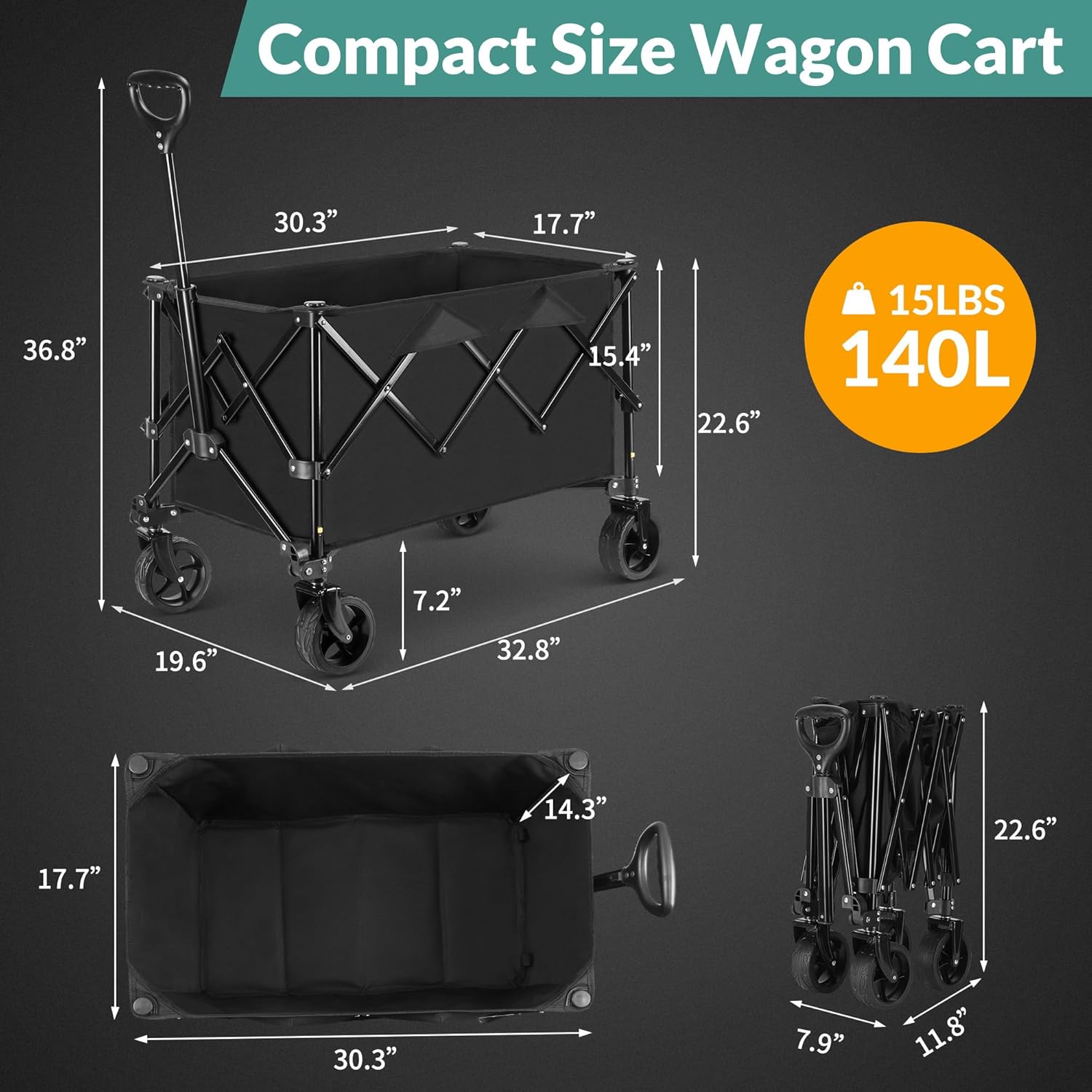 Thumbnail 2 de LEWANJA Carrello da giardino pieghevole 140L con maniglia regolabile (fino a 130 kg) – carretto da trasporto per campeggio, spiaggia e spesa