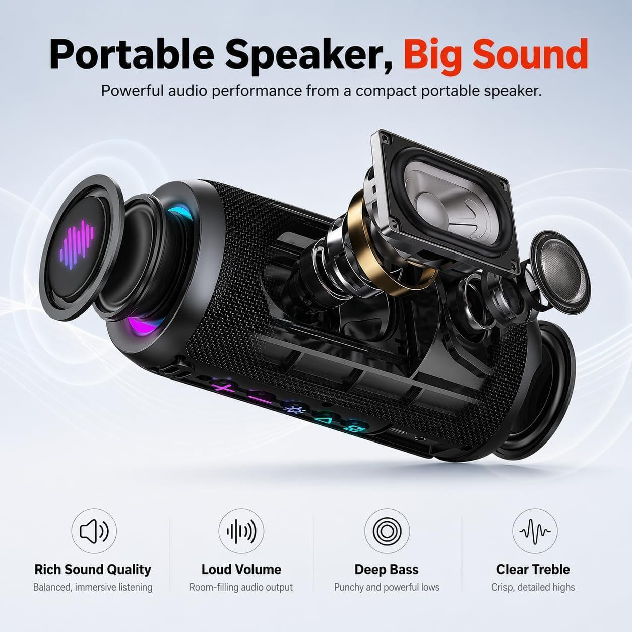Detalle de TIMU Portable Bluetooth Speaker: Powerful Sound with 24H Battery, IPX7 Waterproof