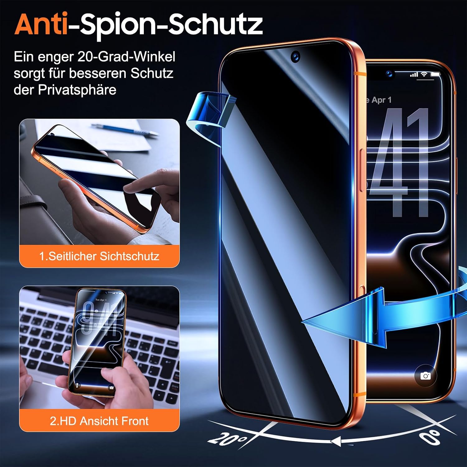 Detalle de UniqueMe Displayschutzfolie für iPhone 17 Pro Max – Sichtschutz + Panzerglas, 2er Pack