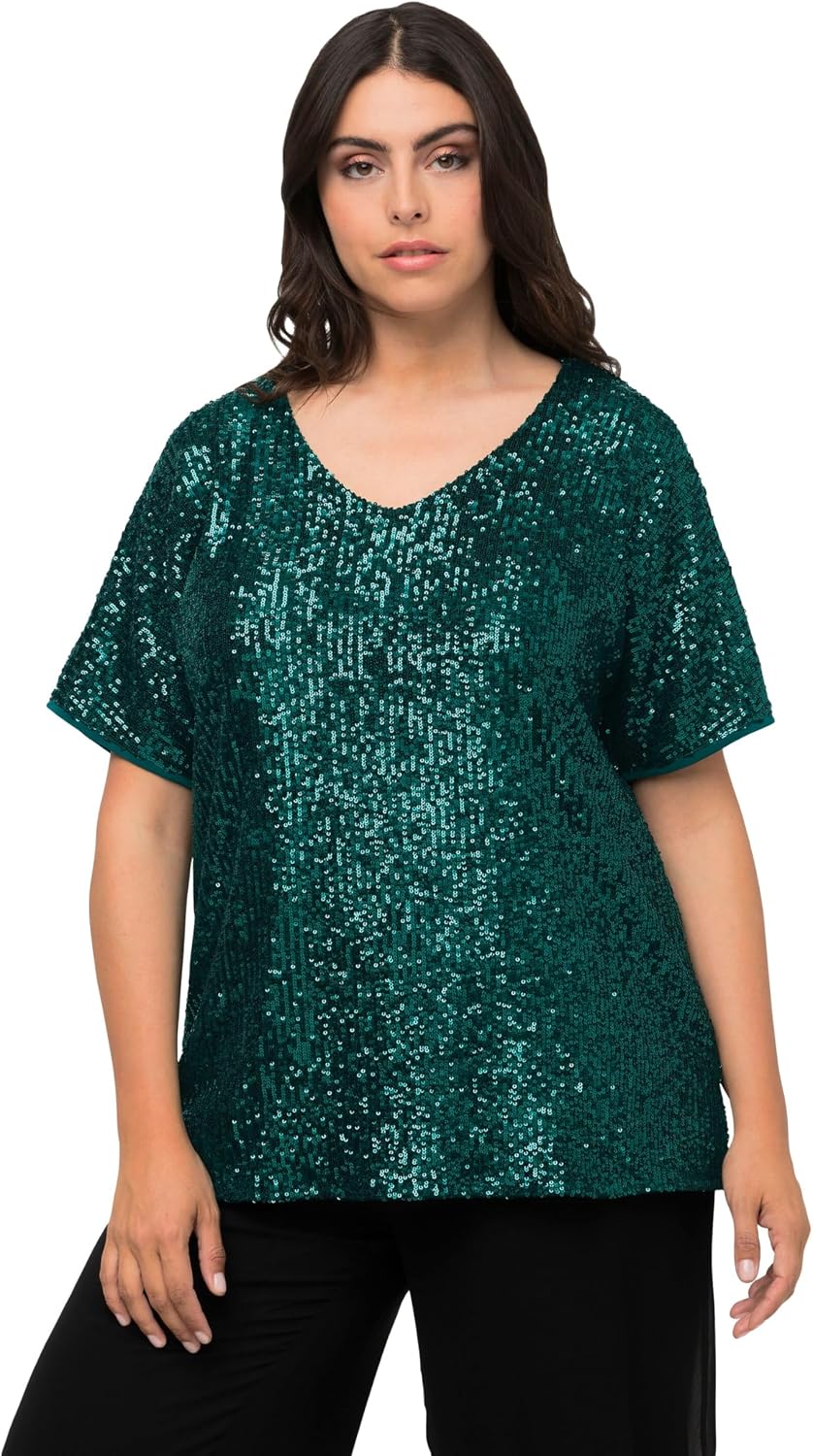 Detalle de Ulla Popken Pailletten-Shirt Oversized à V-Conclusion et Manches Rabattues pour Femme
