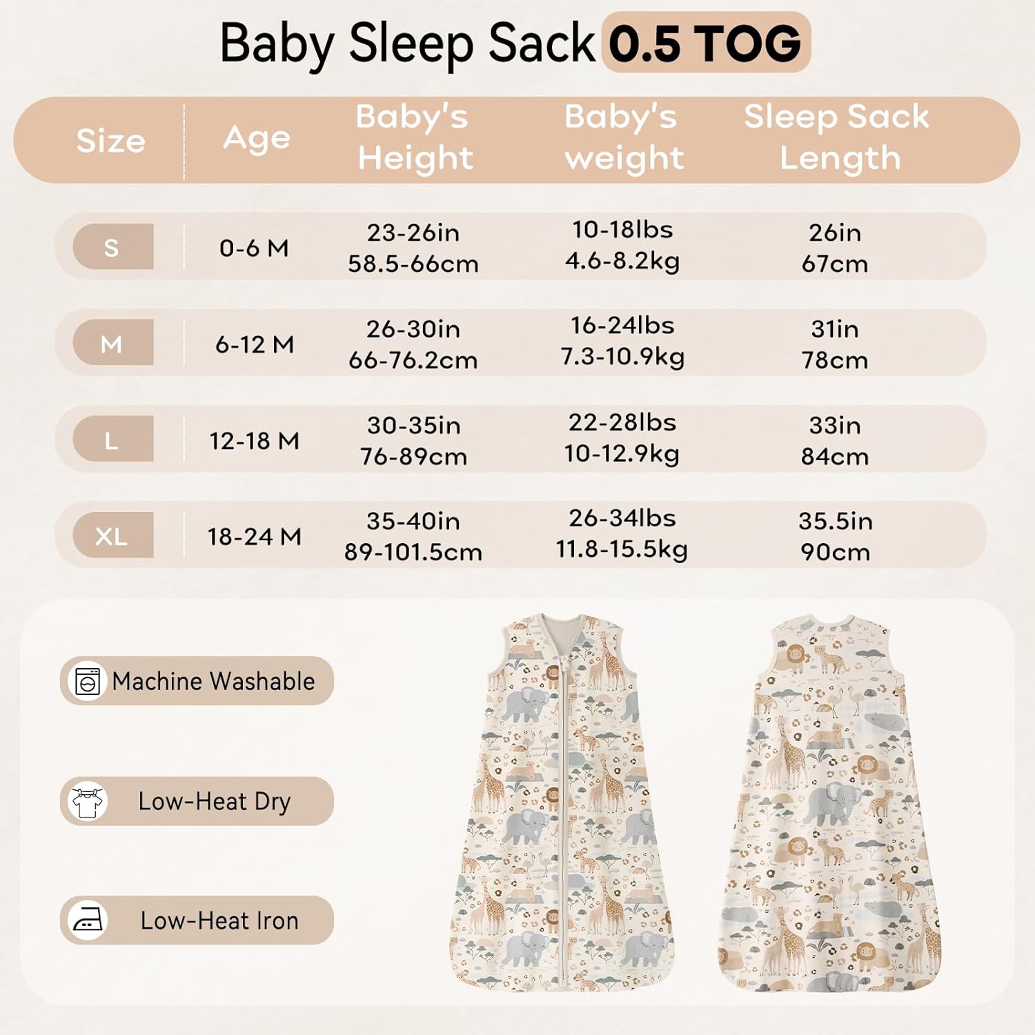 Thumbnail 5 de Unnivoll Baby Sleeping Bag 0.5 Tog 18–24 Months Apricot Elephant — 100% Cotton Sleep Sack