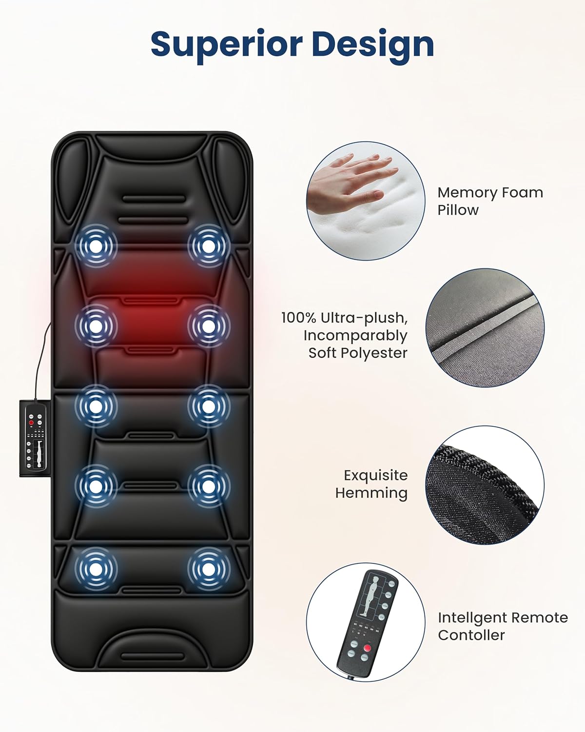 Detalle de COMFIER Tappetino Massaggiante con Funzione Riscaldante – 10 Motori, 5 Modalità e Spegnimento Automatico