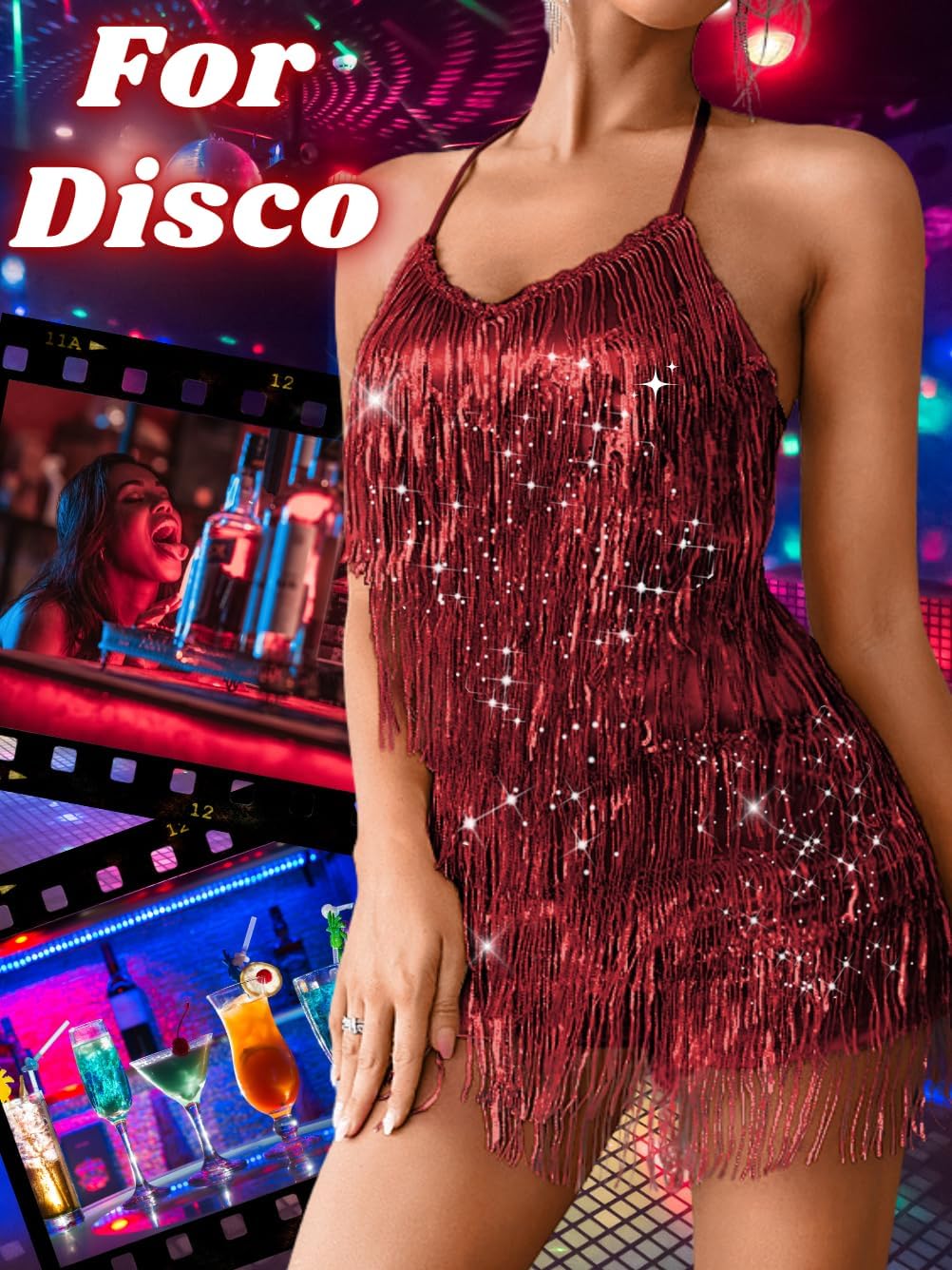 Detalle de Kaei&Shi Sequin Fringe Romper: Sparkly Backless Burgundy Jumpsuit for Women