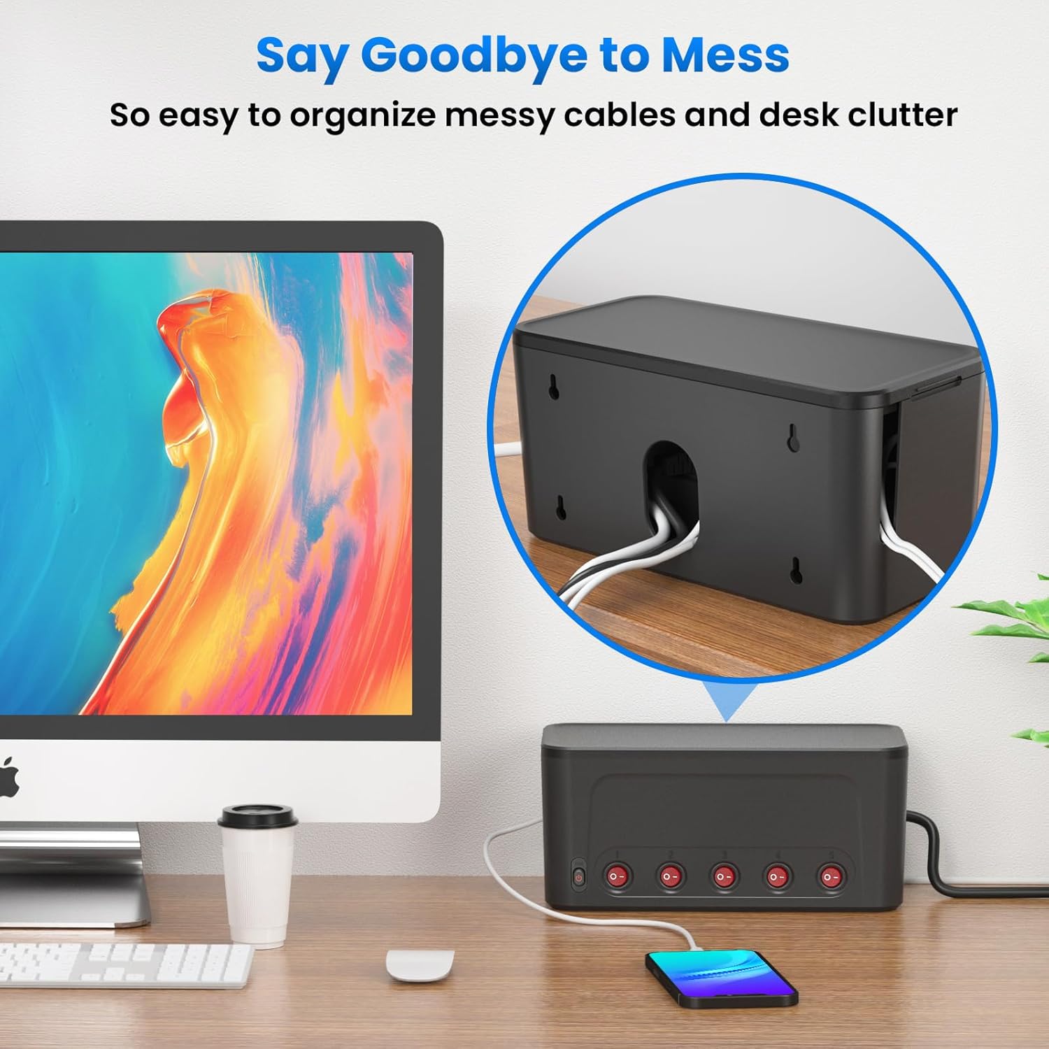 Thumbnail 3 de Kabelbox mit Steckdosenleiste (Überspannungsschutz) und 5 einzeln schaltbaren Steckdosen + 4 USB, schwarz – mit Kabelmanagement