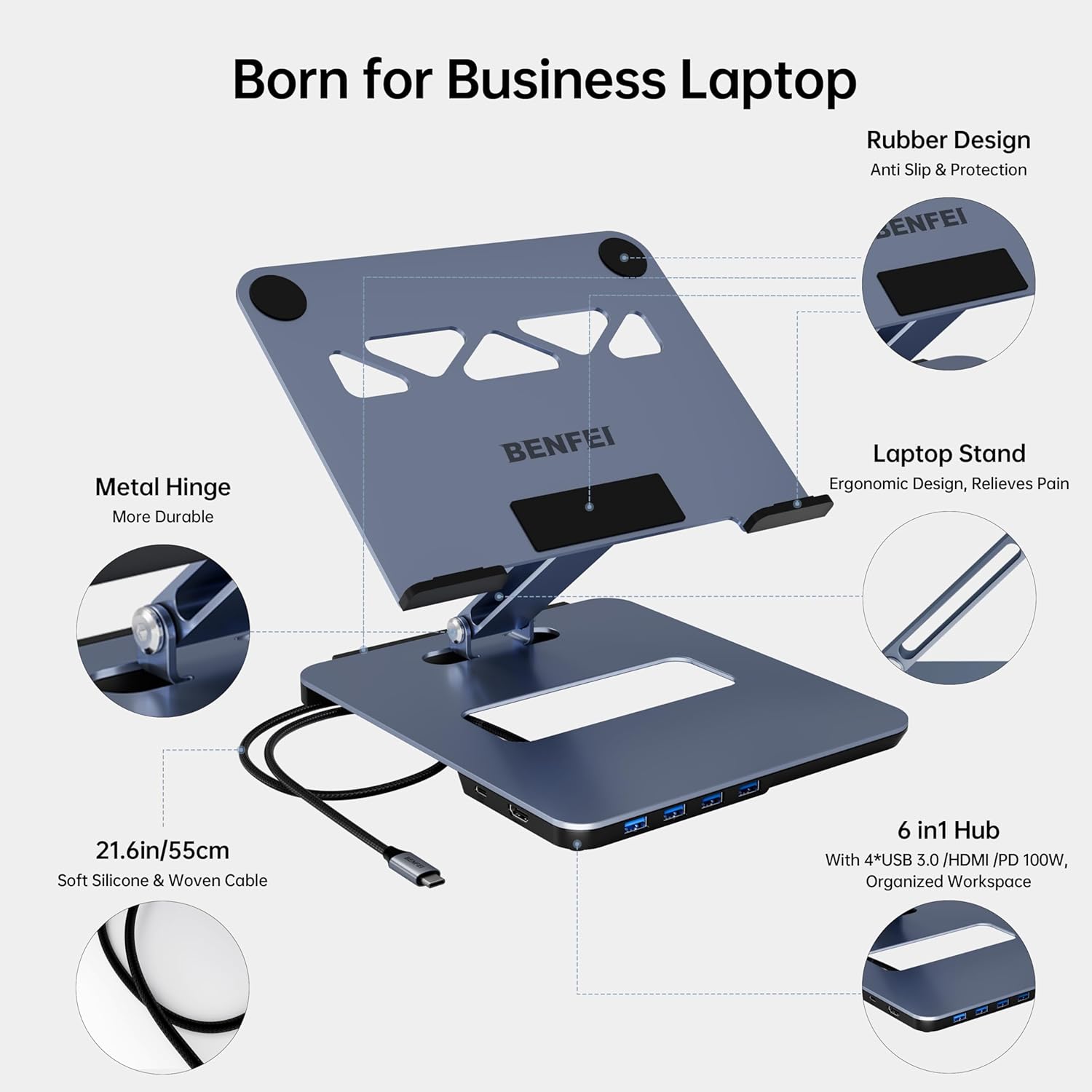 Detalle de BENFEI: Supporto per laptop in alluminio con docking 6 in 1 – HDMI 4K@60Hz, 4x USB 3.0, 100W PD