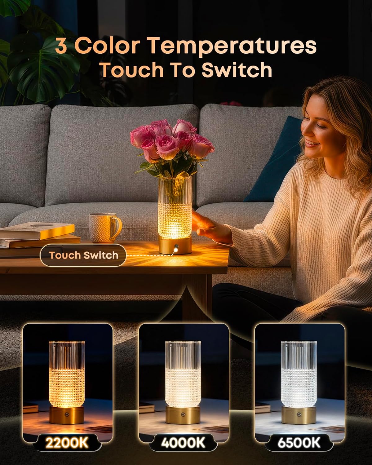 Detalle de YITGOG Light Up Vase with Lamp: Cordless Crystal Vase in Copper Finish, 3-Colour Dimmable Light