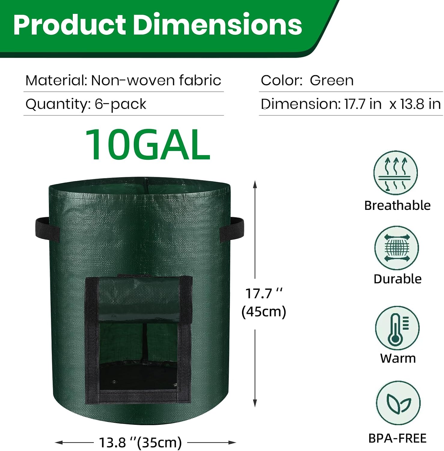Detalle 2 de BIJOKETTEN 6-Pack 10-Gallon Potato Grow Bags with Harvest Flap and Handles