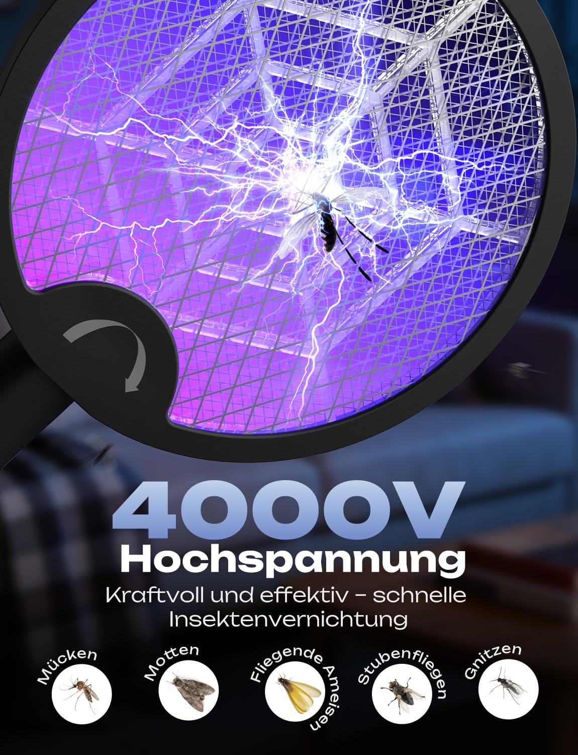 Detalle de YISSVIC Elektrische Fliegenklatsche Extra Stark 4000V – 2 in 1, USB-C, klappbar, 1800mAh