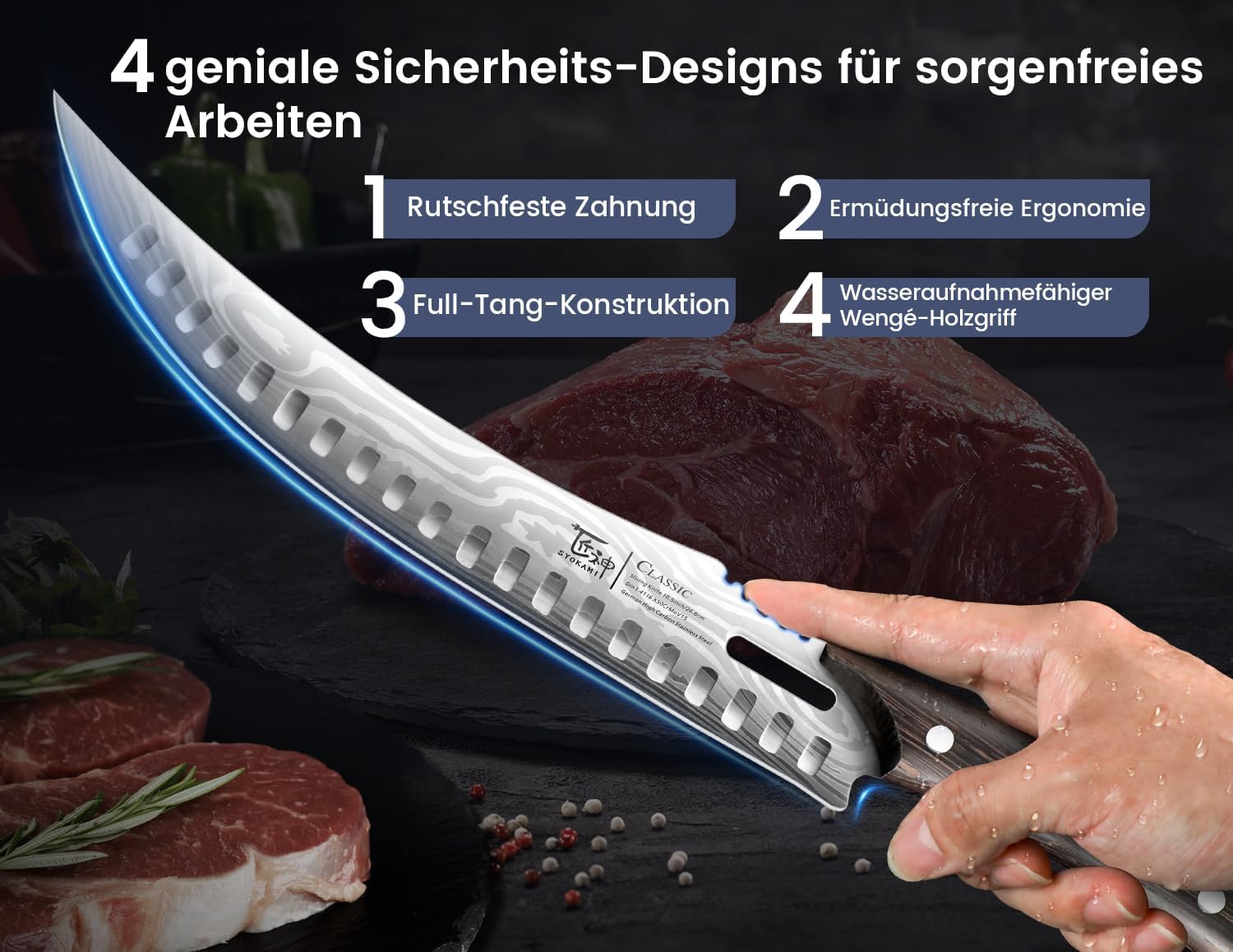 Thumbnail 4 de SYOKAMI 27 cm Fleischermesser im japanischen Stil – gebogenes Tranchiermesser mit Holzgriff, Damastmuster, Geschenkbox