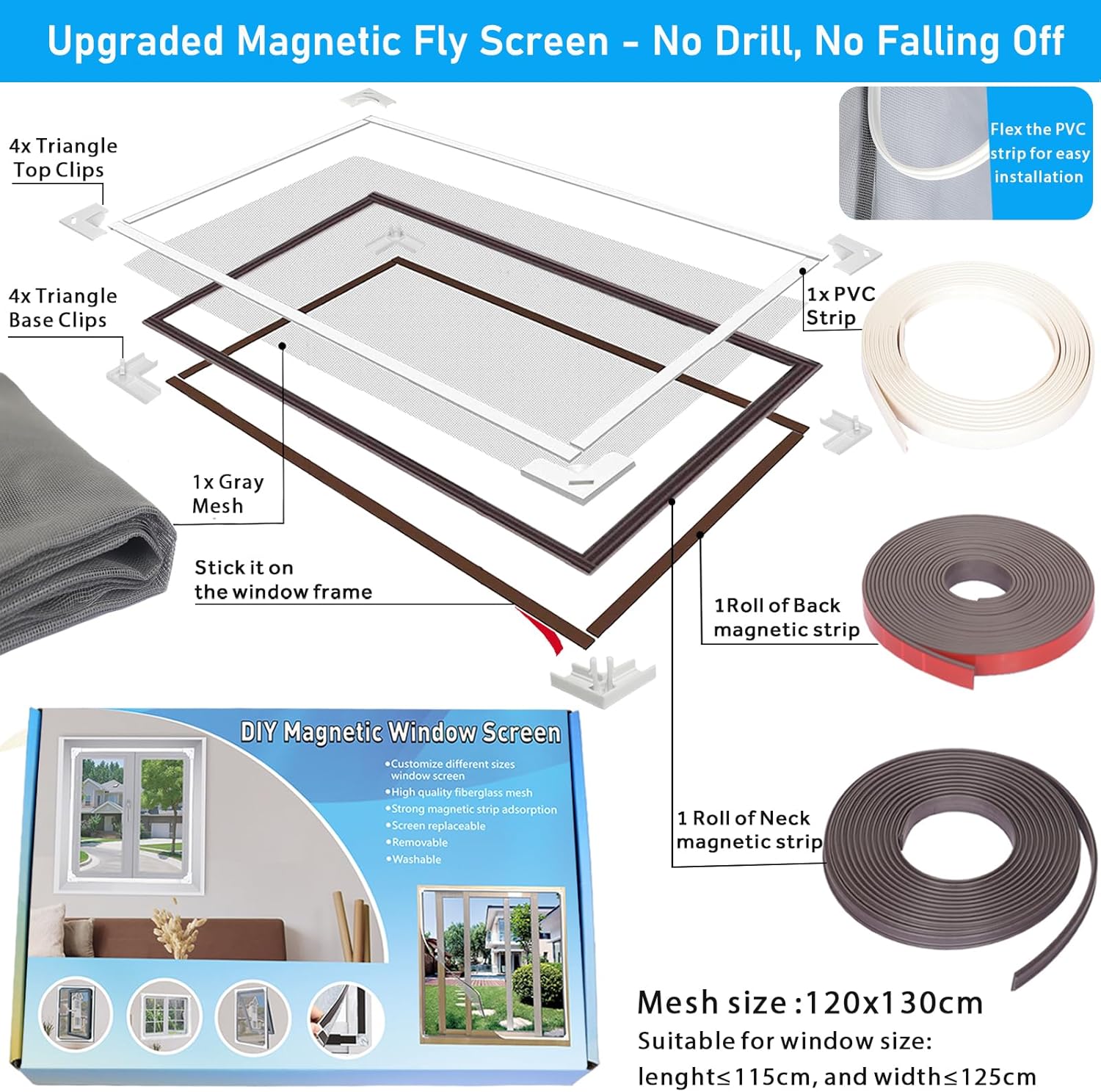 Detalle de AMLOOPH Magnetic Window Fly Screens — DIY, No-Drill Insect Mesh with Magnetic Closure (Up to 120x130cm)