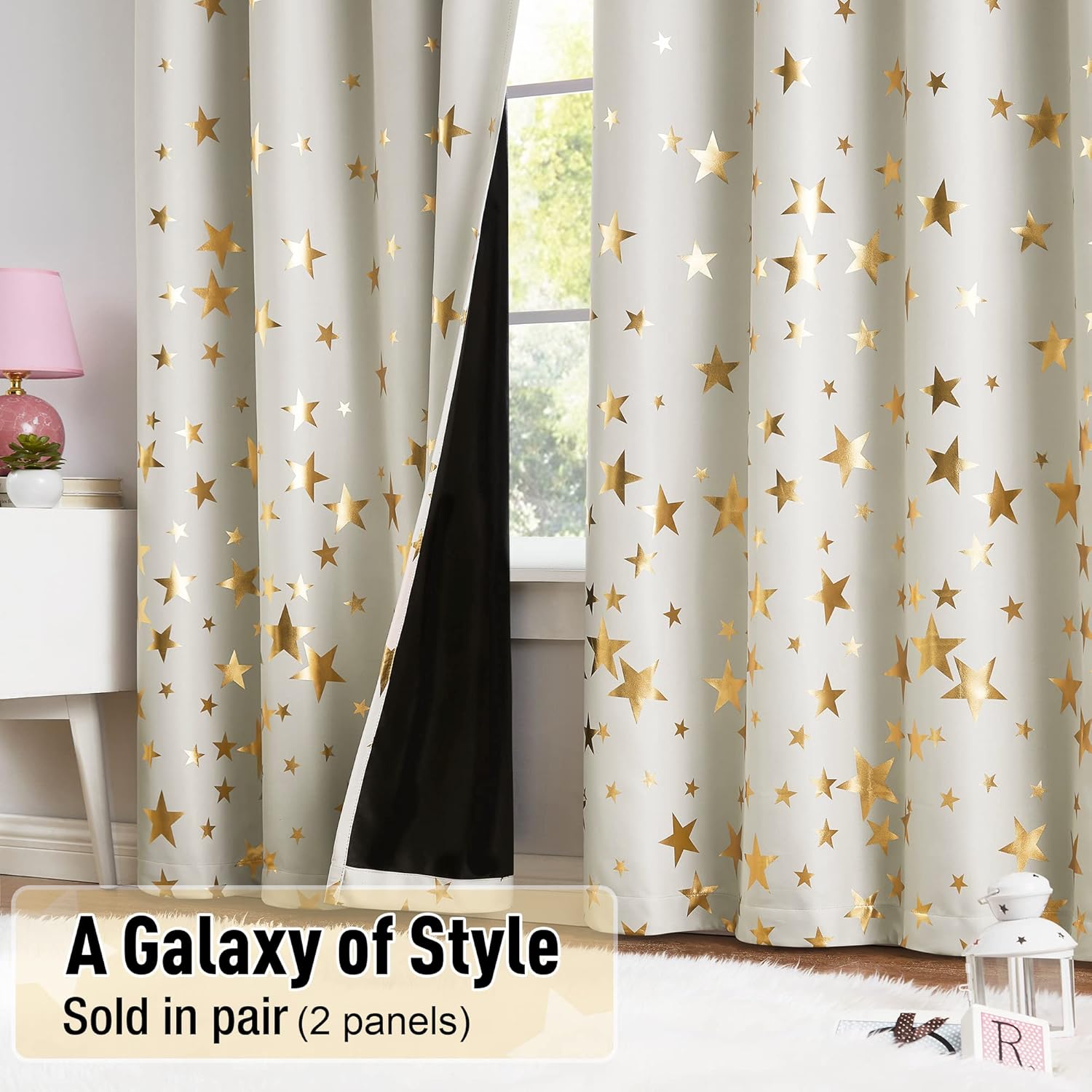 Thumbnail 2 de Treatmentex Beige Gold Star Blackout Curtains (72 inch drop) – 2 Eyelet Panels