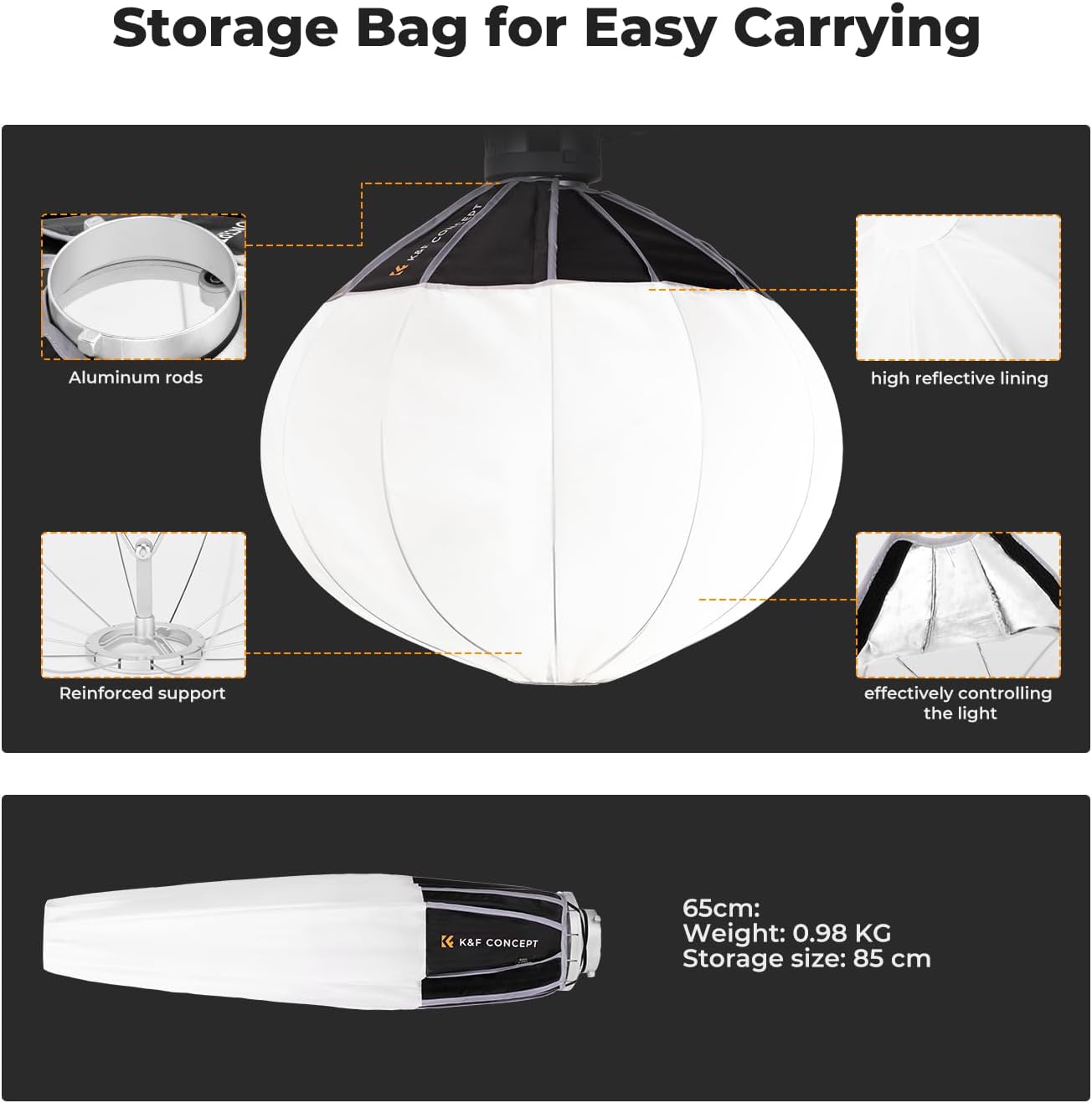 Detalle de K&F CONCEPT 65cm Lantern Softbox with Bowens Mount – 360° Diffused Light for Photography & Video