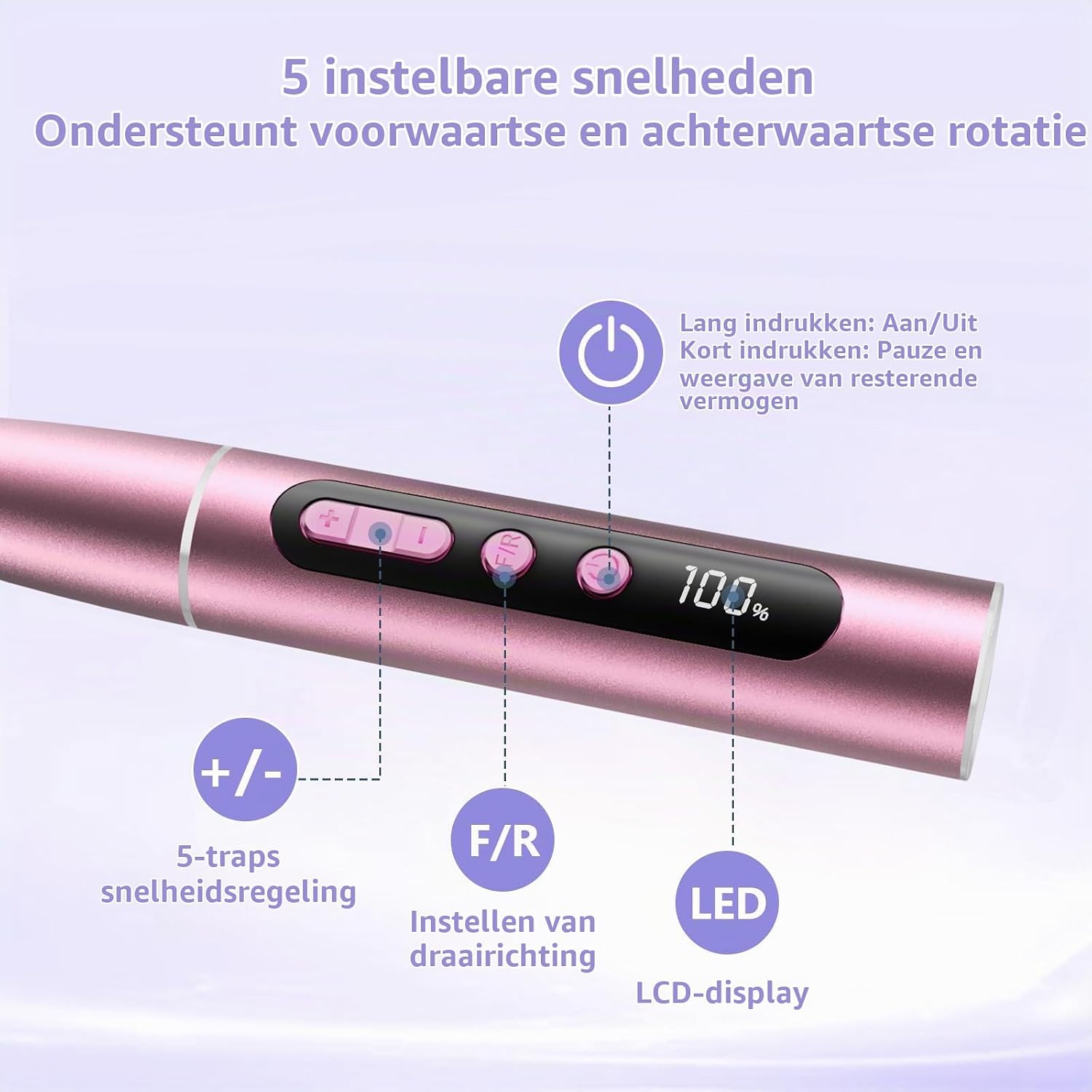 Detalle de POFIBO MZ-QM001 draadloze nagelfrees, 35.000 RPM, 13-in-1, roze